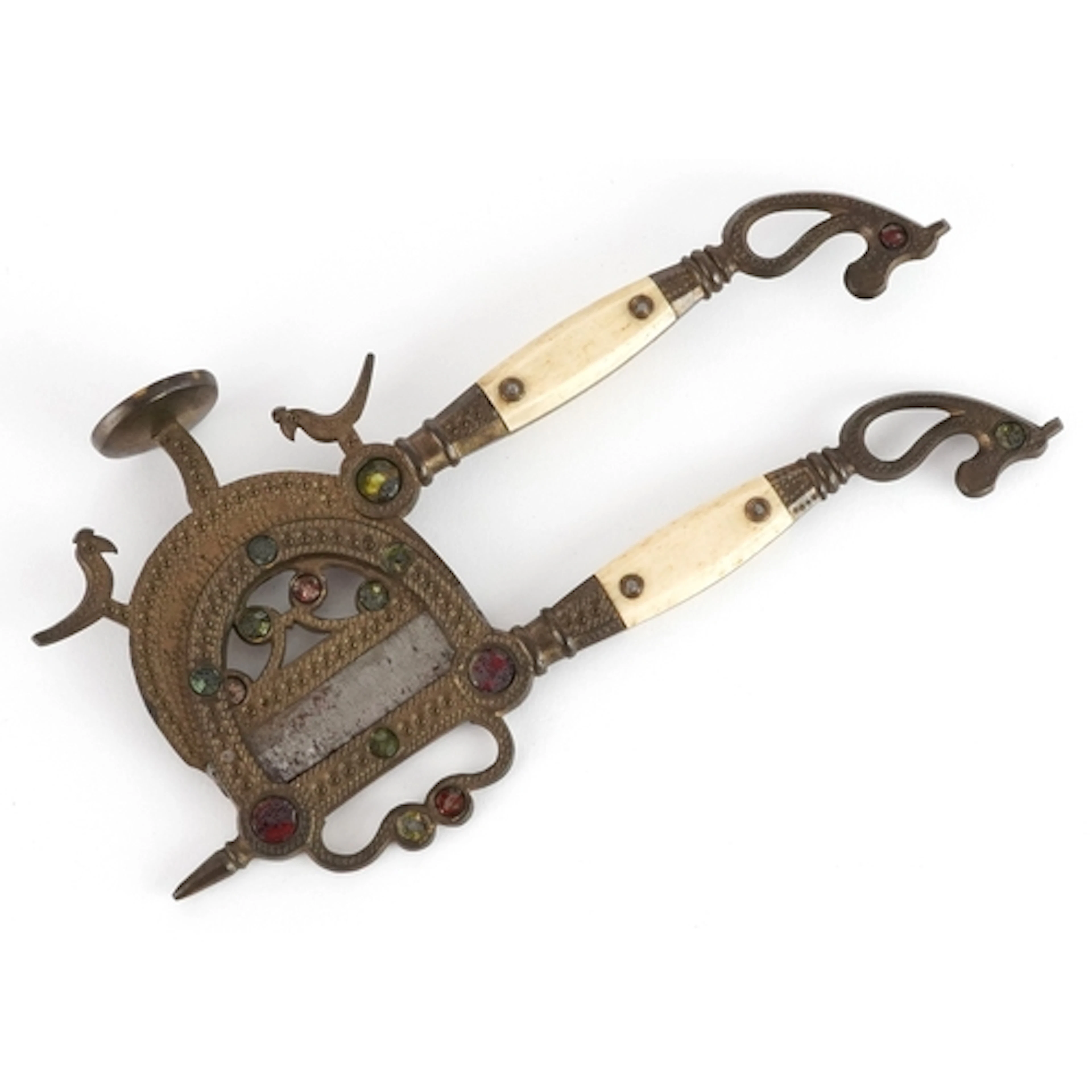 19th century Indian brass and bone betel nut cracker set wit...