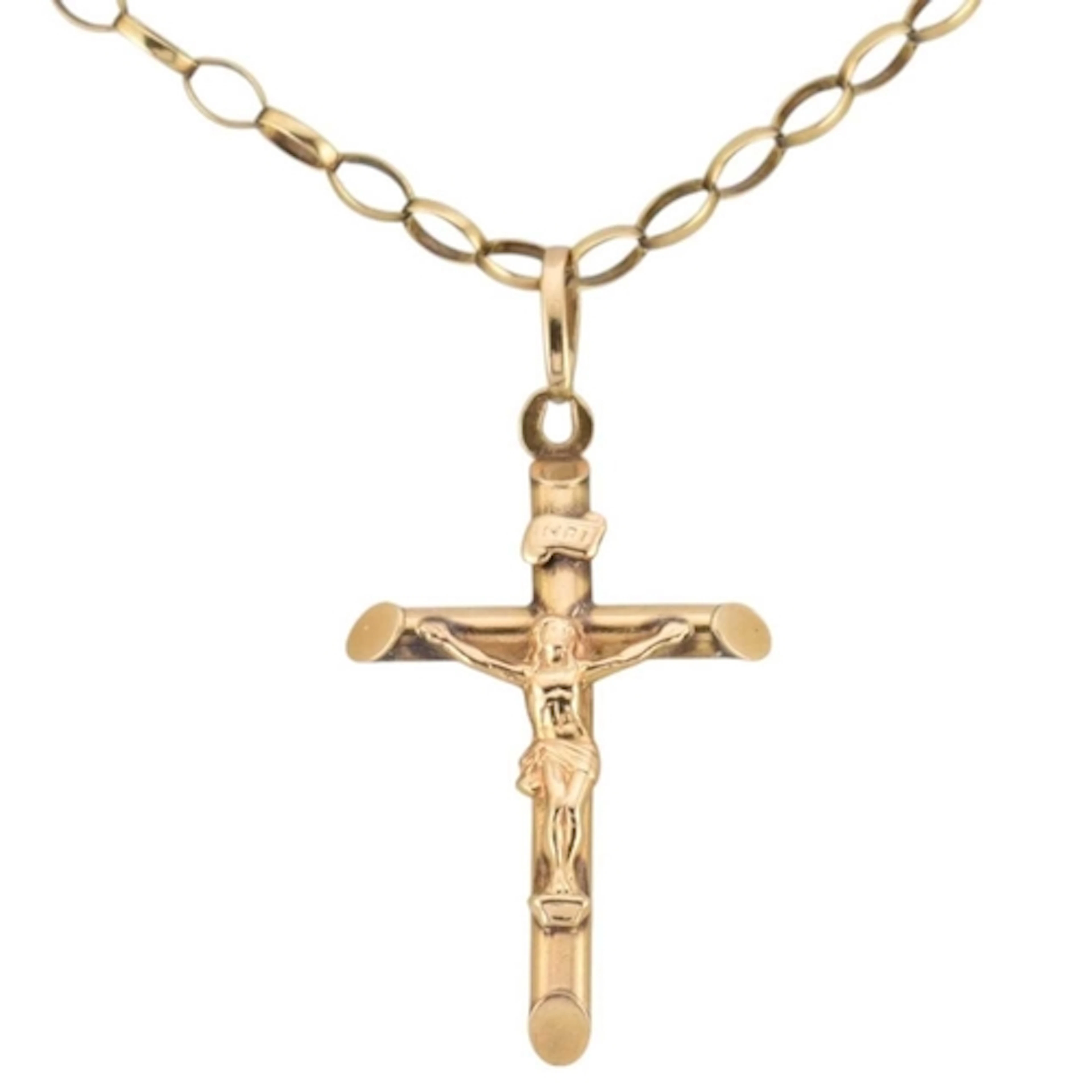 A 9ct gold crucifix pendant necklace. Stamped 375. Pendant w...