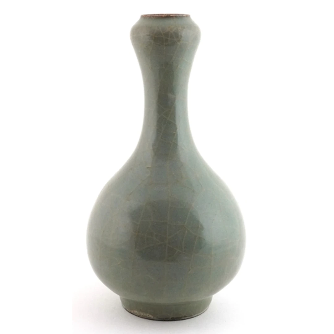 Chinese celadon crackle glazed garlic neck bottle vase, 22cm...