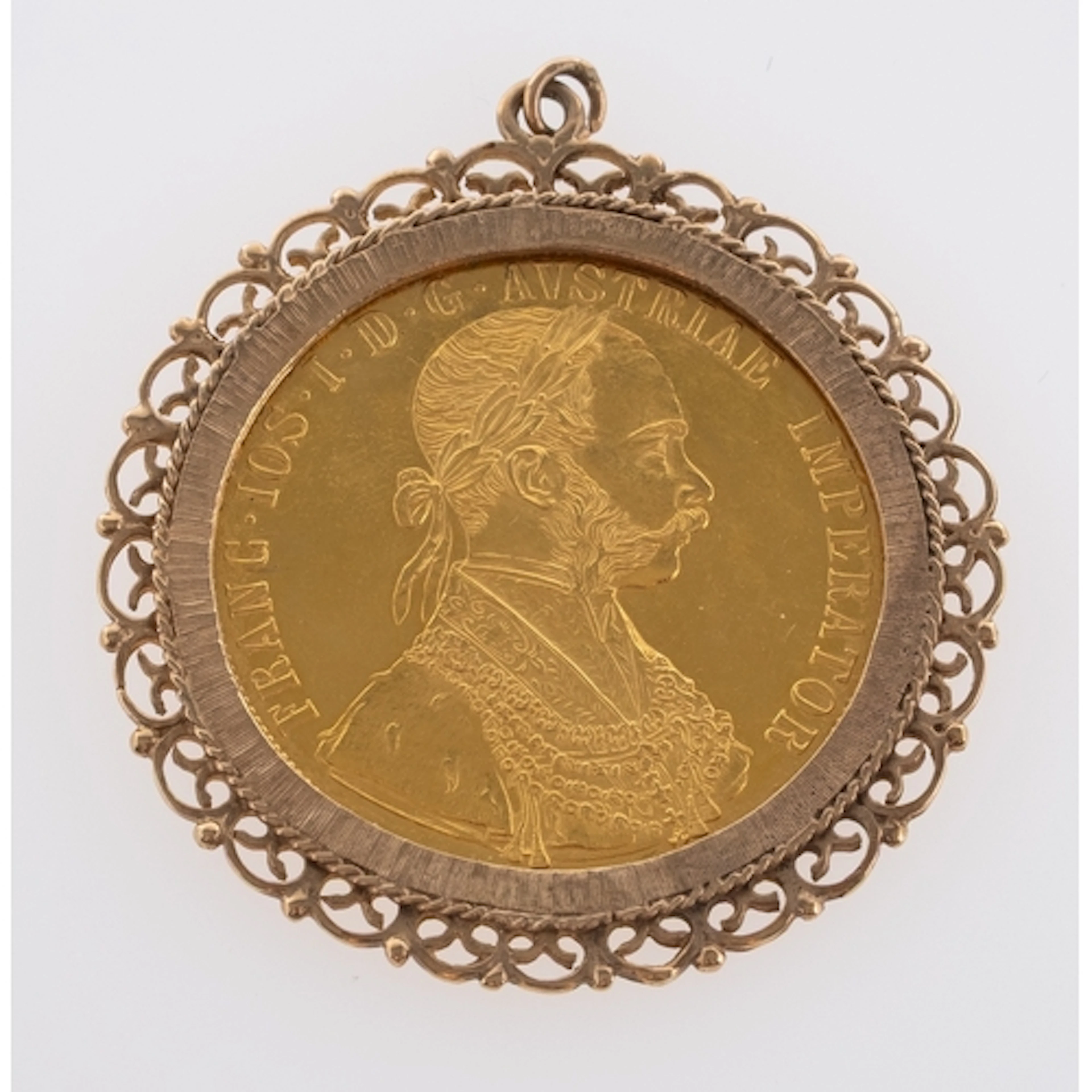 An Austrian 4 Ducat gold coin, mounted as a pendant in a 9ct...