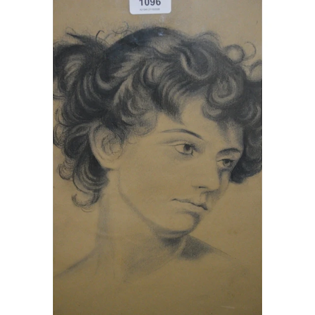 19th Century charcoal drawing, head and shoulder portrait of...
