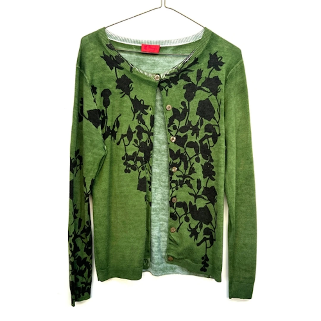 A Pringle of Scotland green wool cardigan with floral print,...