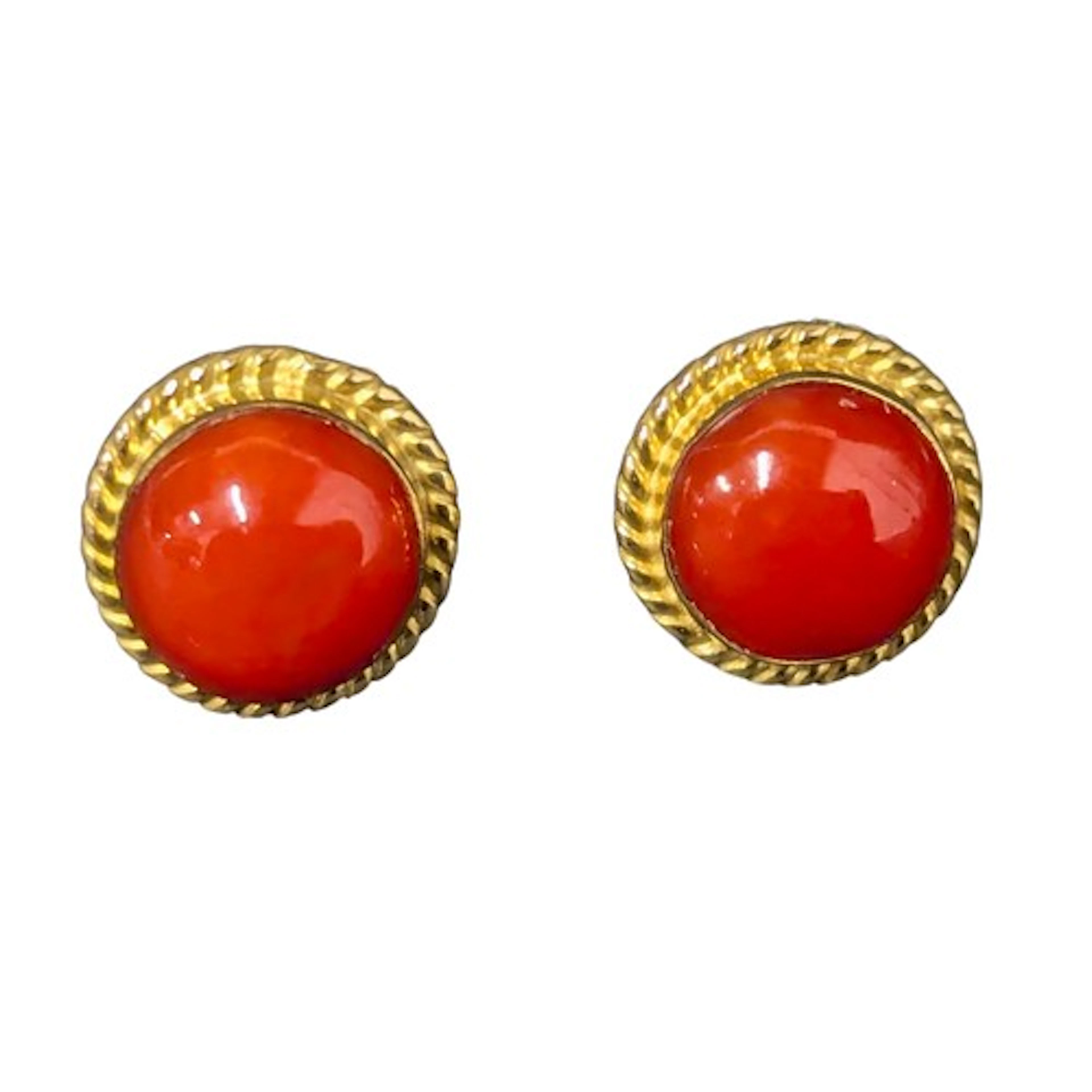 A pair of 18ct gold and carnelian inset stud ear-rings, mark...