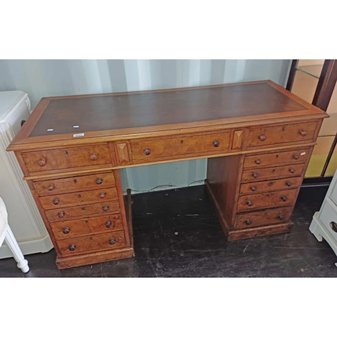 LATE 19TH CENTURY WALNUT DESK WITH LEATHER INSET TOP & 3 DRA...