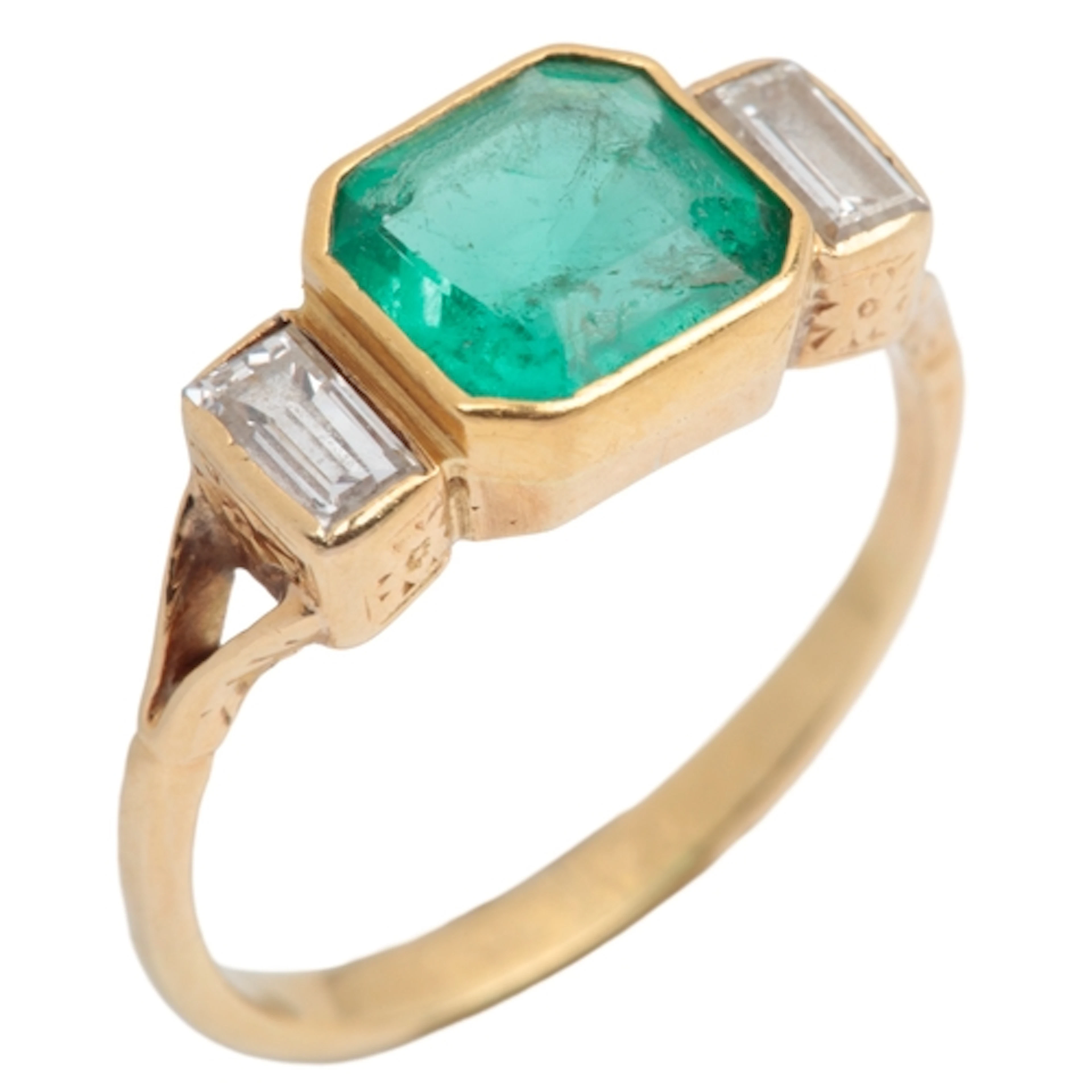 An emerald and diamond ring, mid 20th century, collet-set wi...