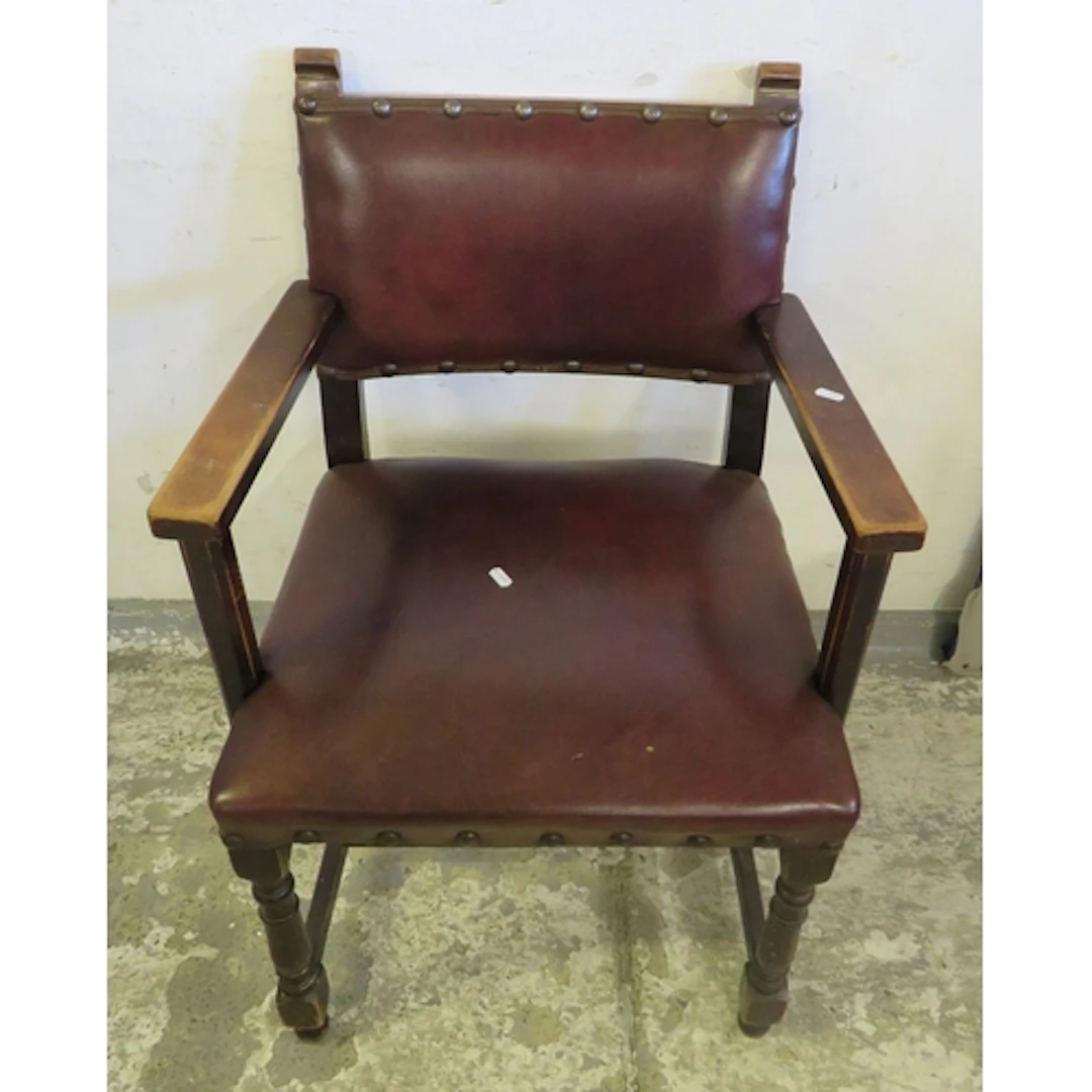 Antique Oak Carver Armchair with dark red/brown leather upho...
