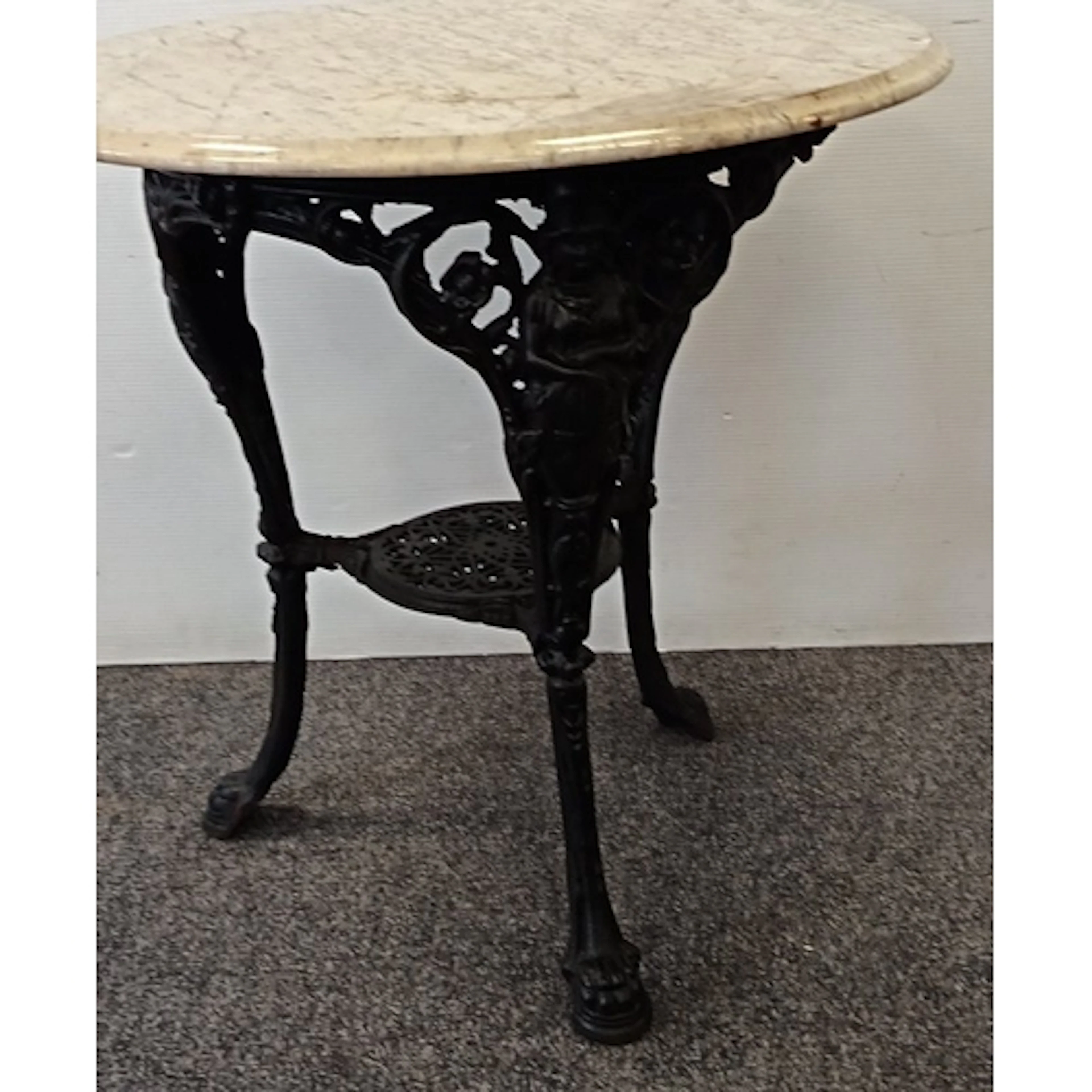 Ornate Cast Iron Pub Table with Marble Top, H: 75cm x Diame...