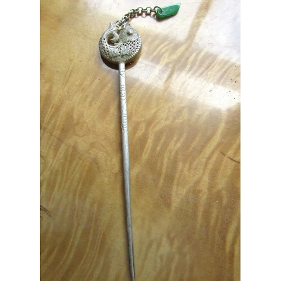 Eastern White Metal Fish Motif Hair Pin Incised Decoration w...