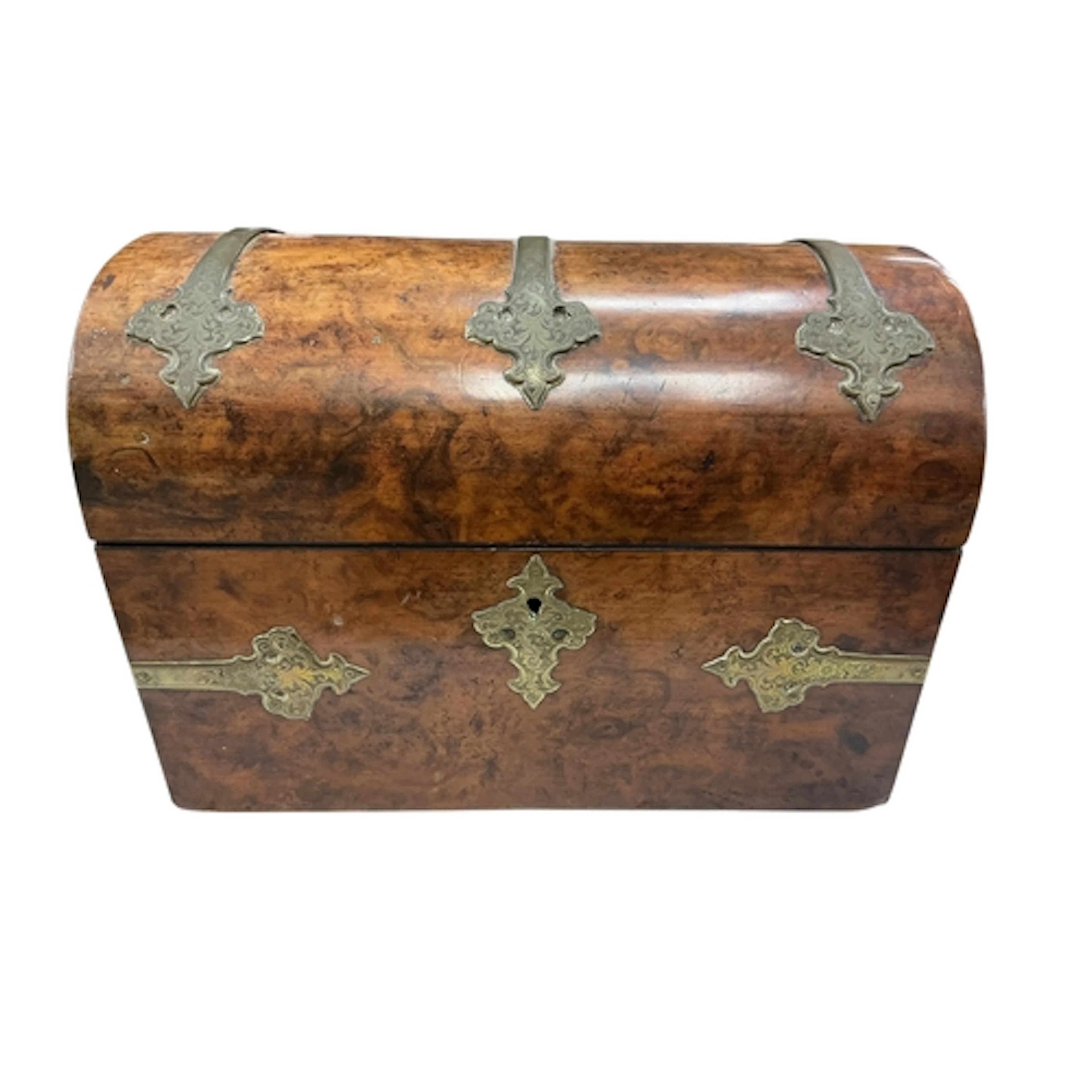 A Victorian brass mounted burr walnut domed stationery box, ...