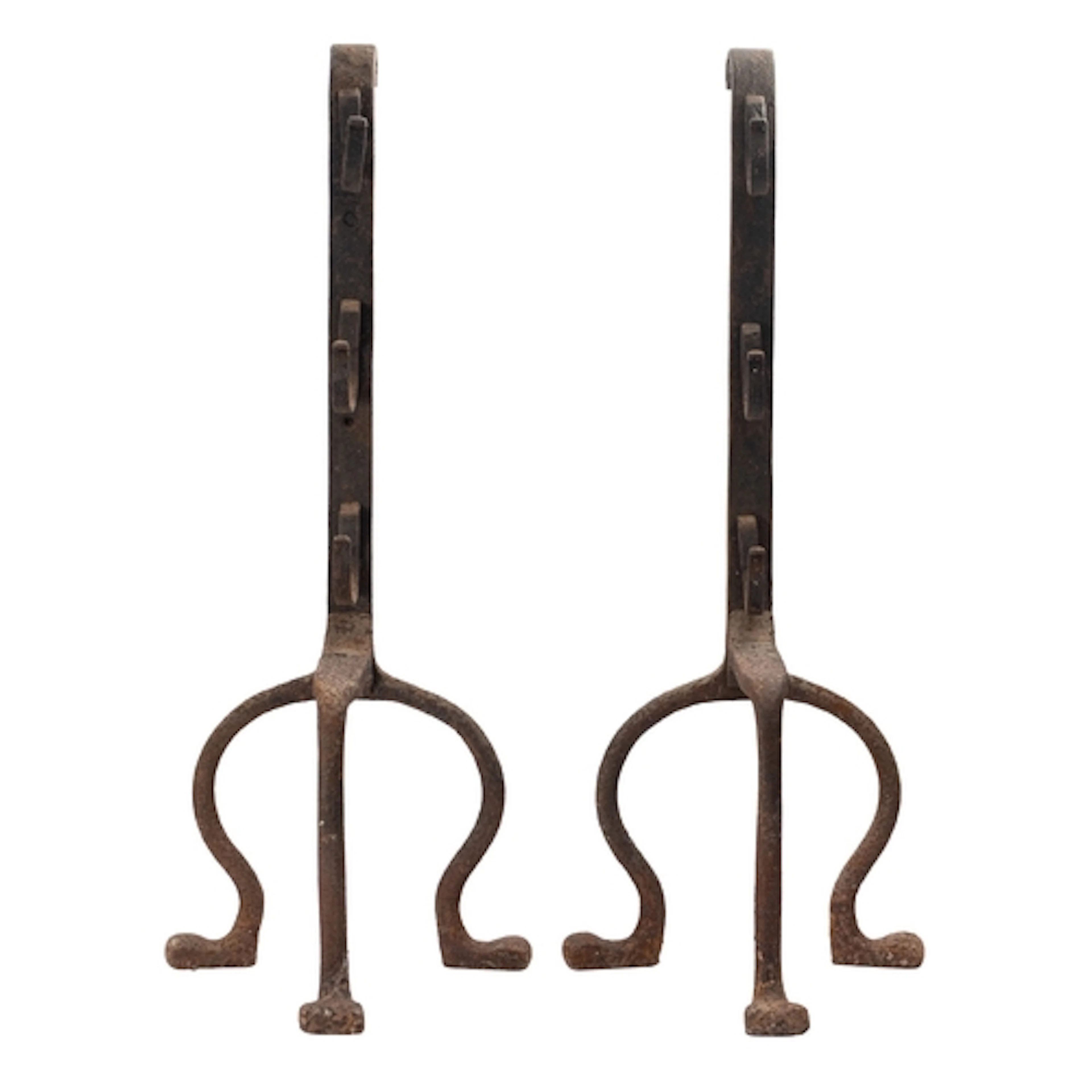 A pair of substantial wrought iron andirons, late 19th /earl...