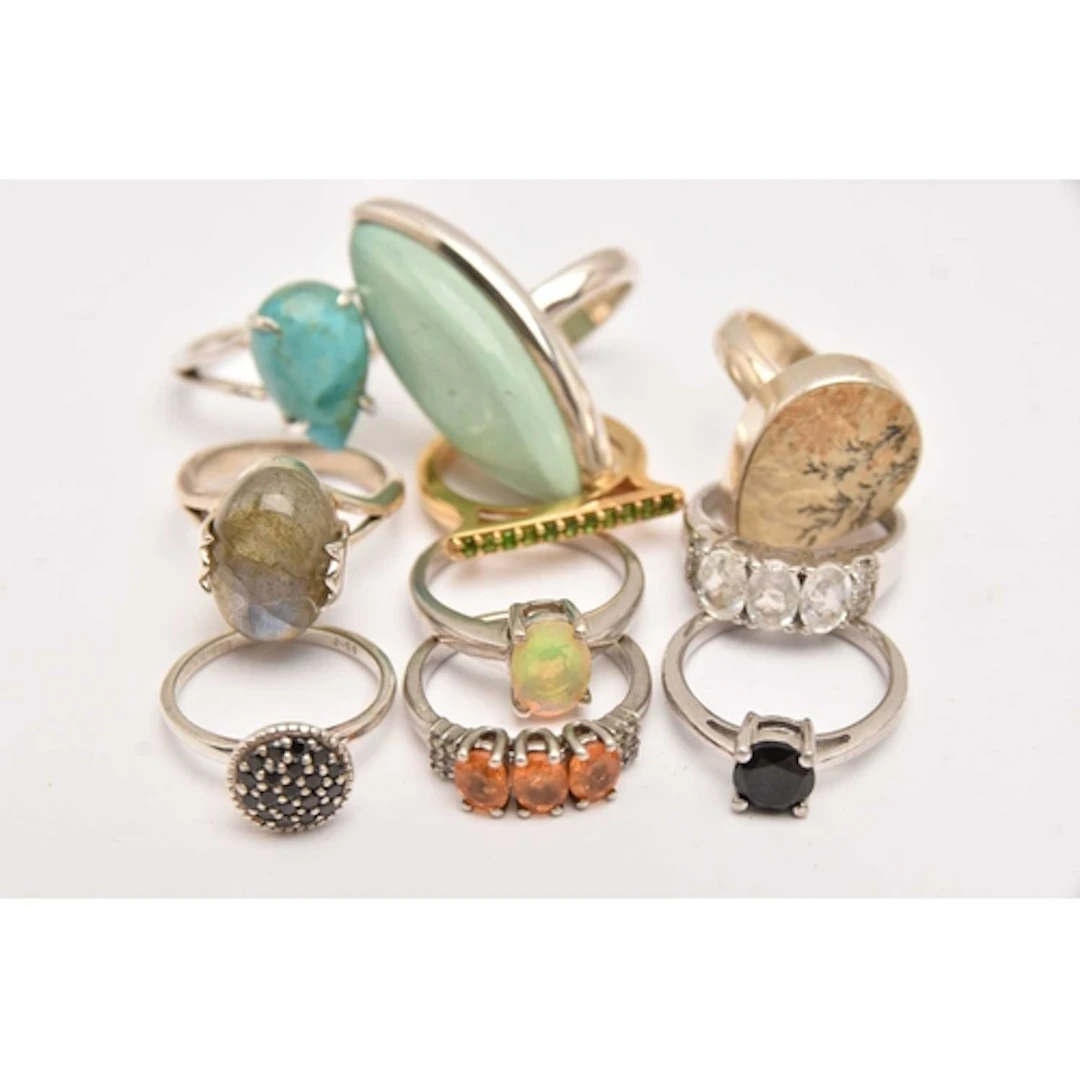 TEN WHITE METAL GEM SET RINGS, all stamped 925, set with sem...