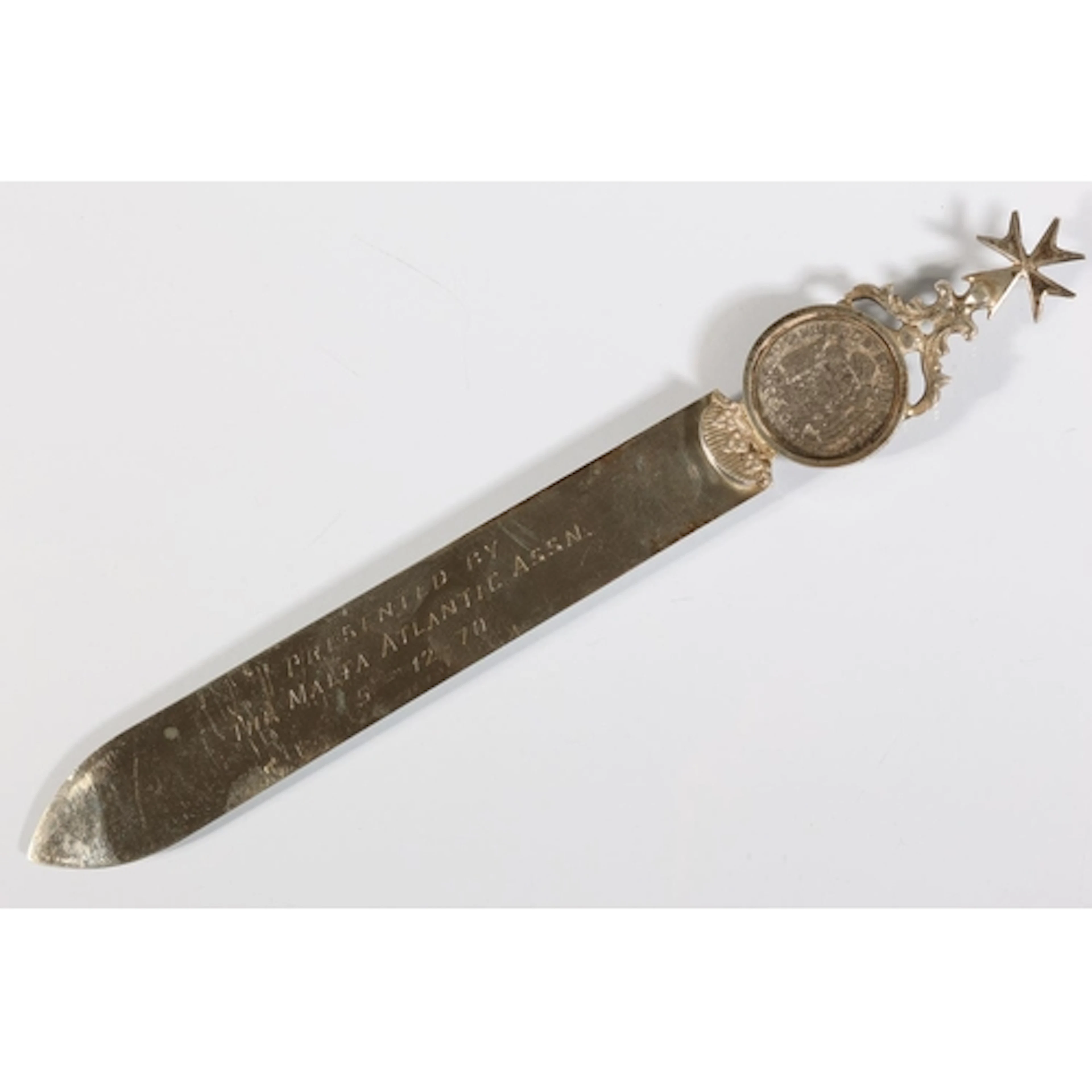 Silver paperknife, the handle inset with Maltese Emmanu...