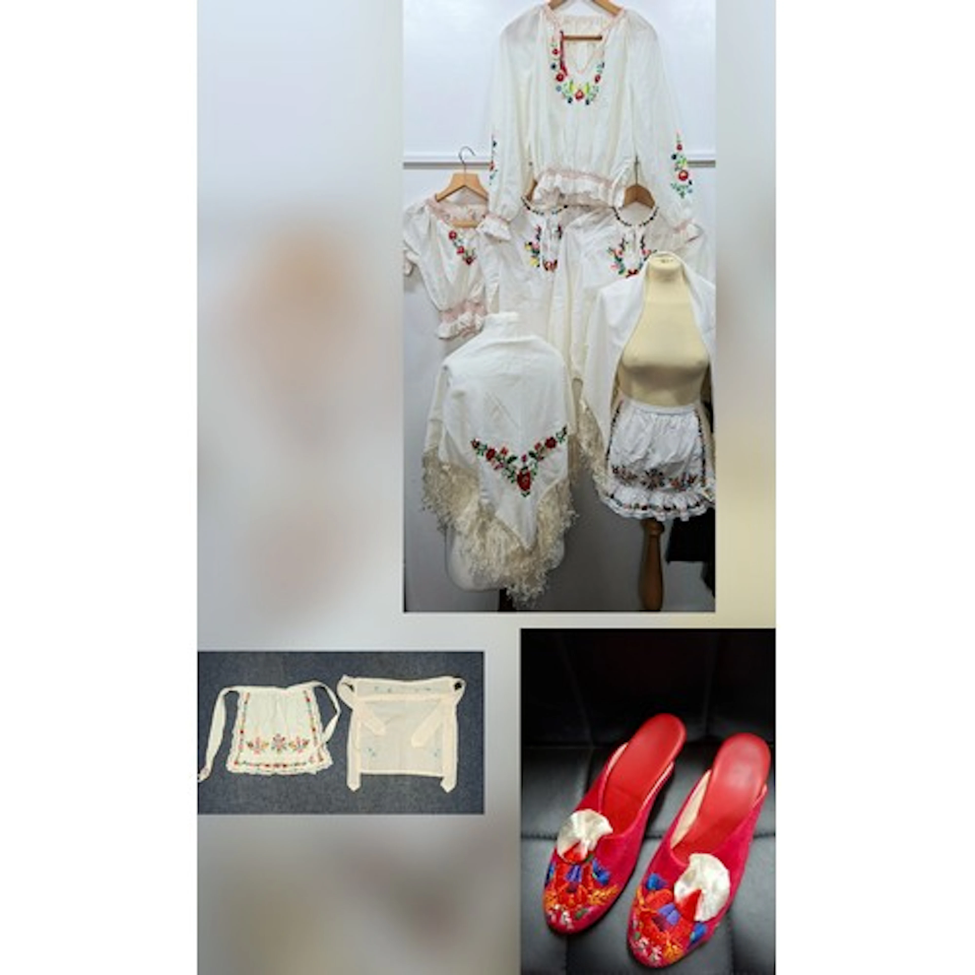 Traditional Hungarian embroidered clothing, unworn shoes (si...