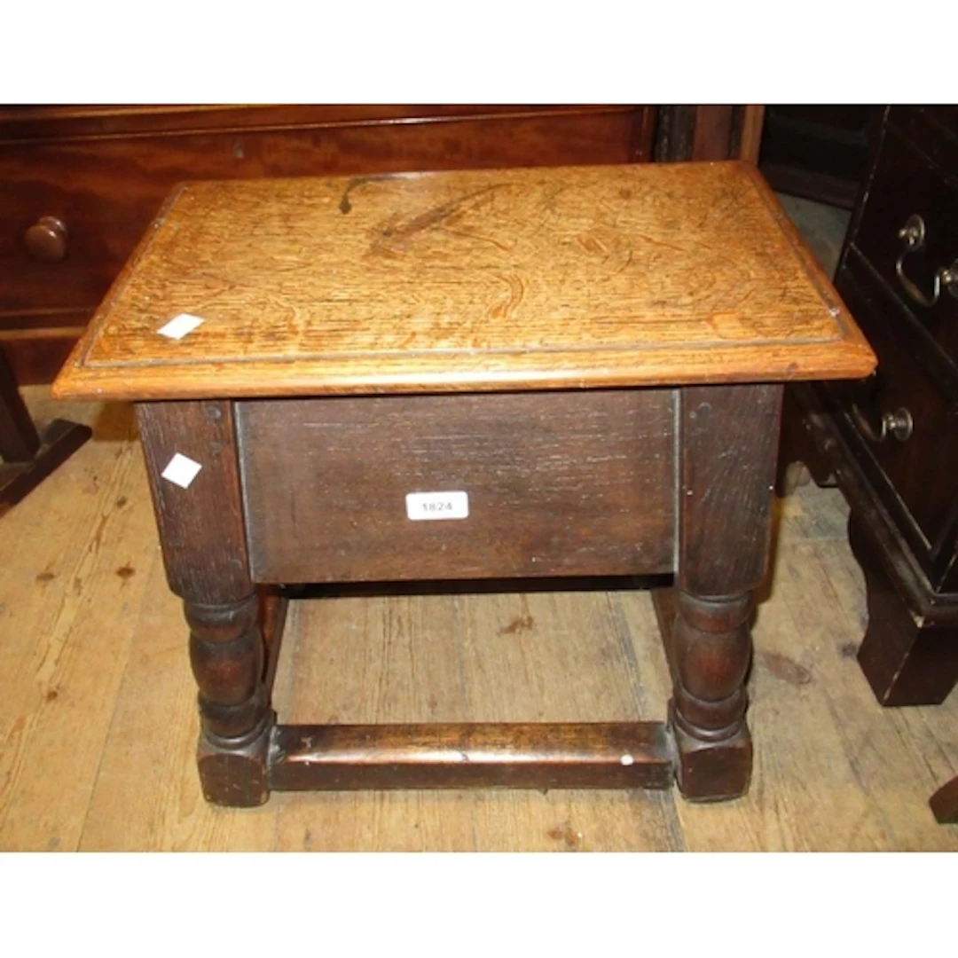 Reproduction oak box stool, together with an Edwardian mahog...