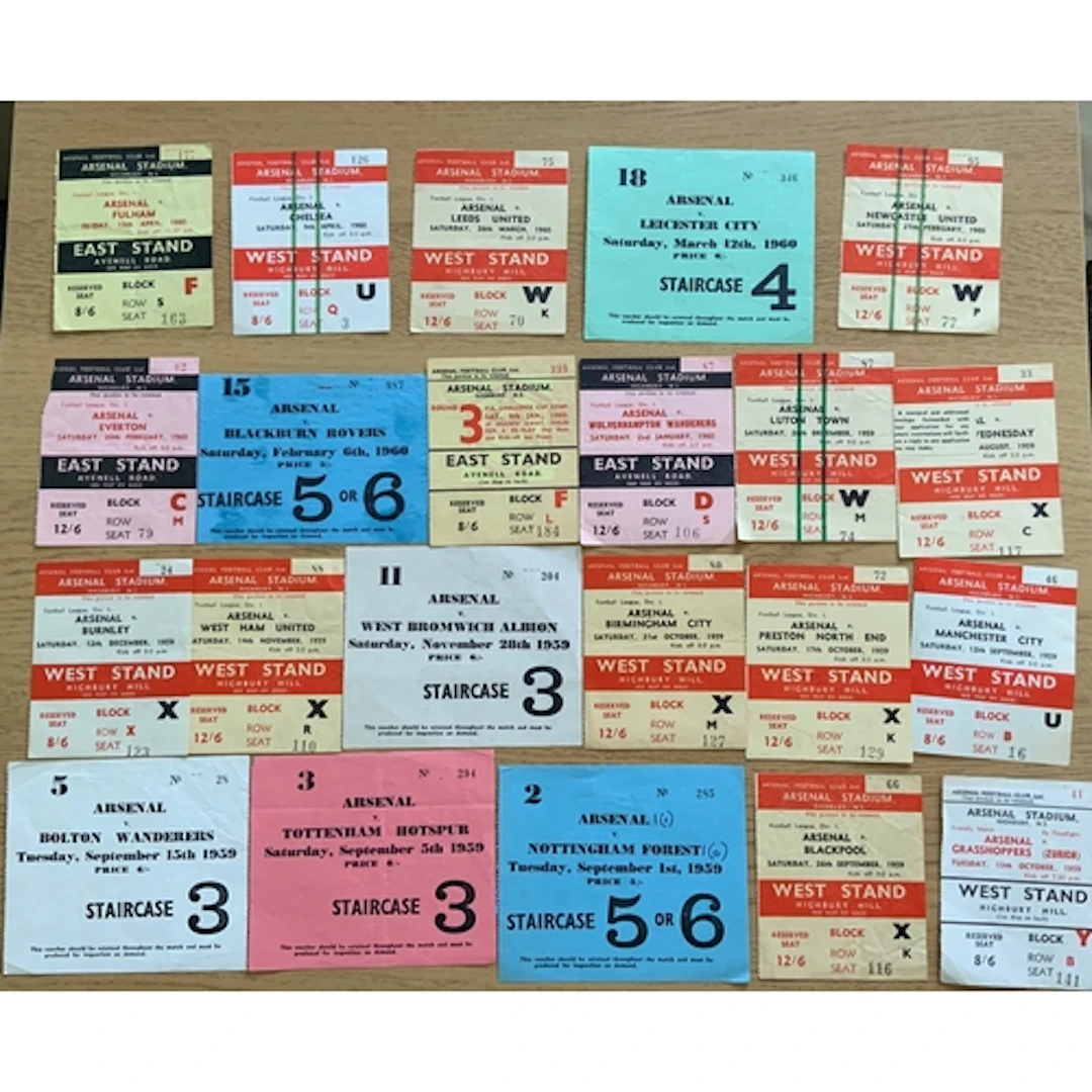 59/60 Arsenal Home Football Tickets: Includes most league ma...