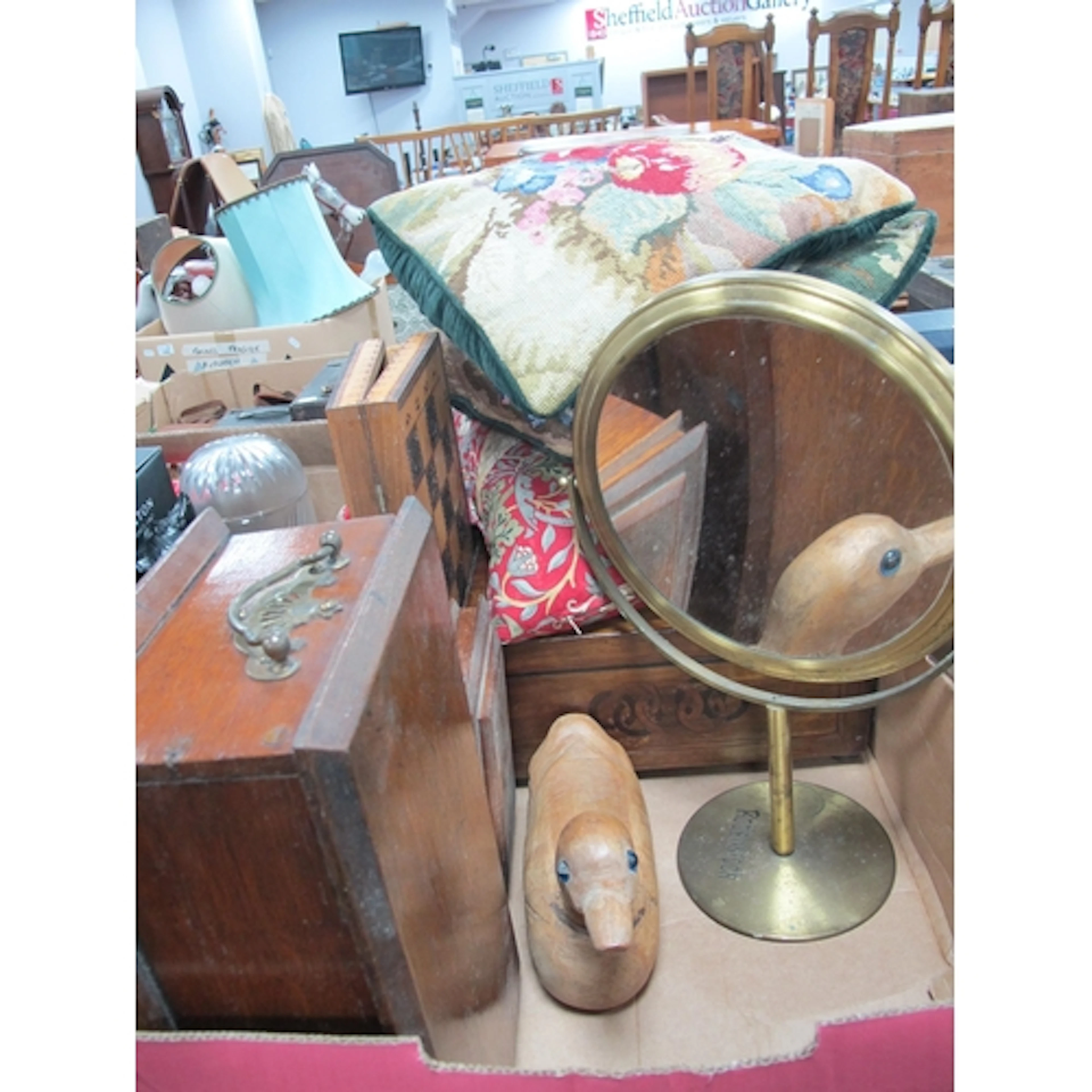 Oak Box with Lift Up Lid, brass handles, games set, jeweller...