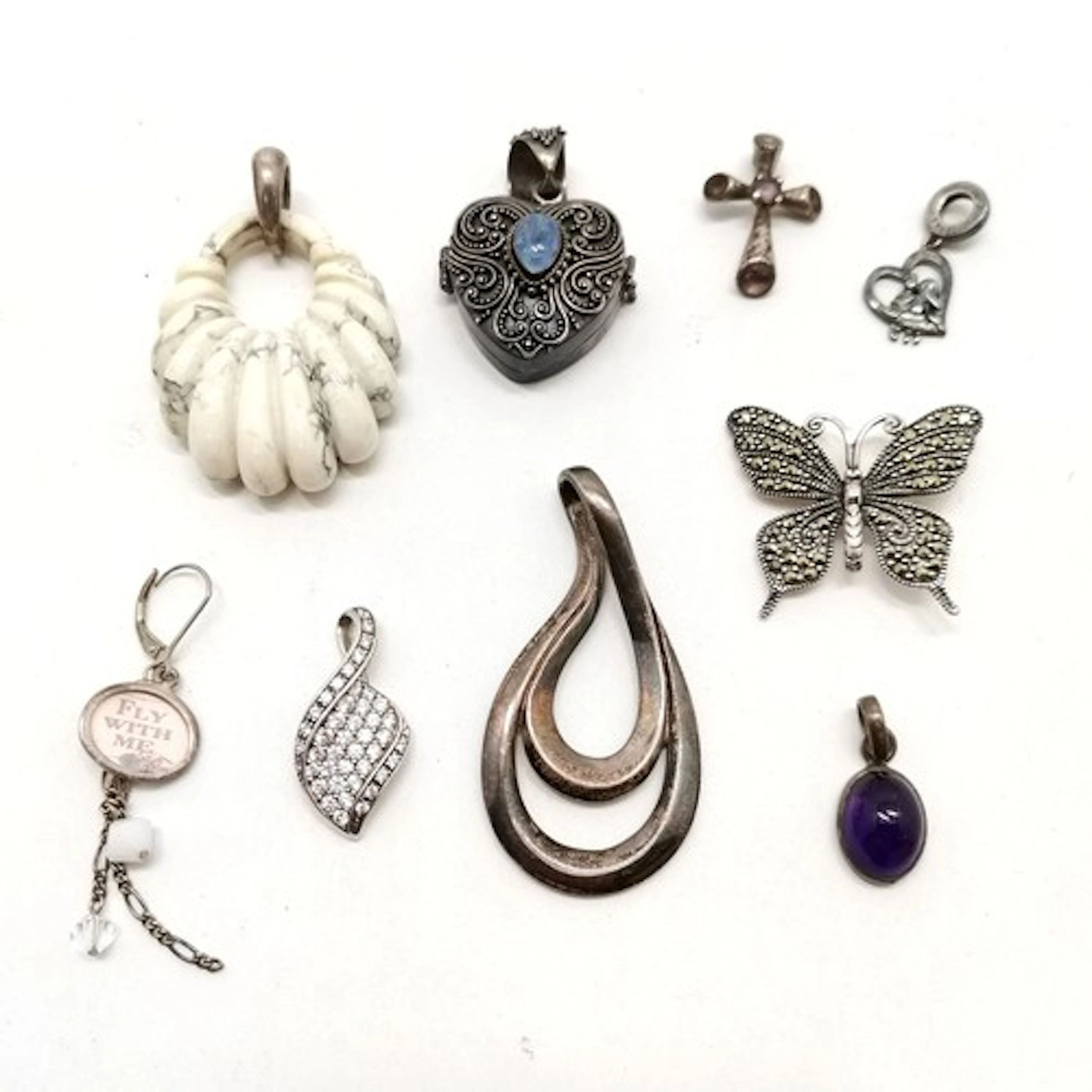 9 x silver pendants inc stone set heart locket (3.5cm drop),...