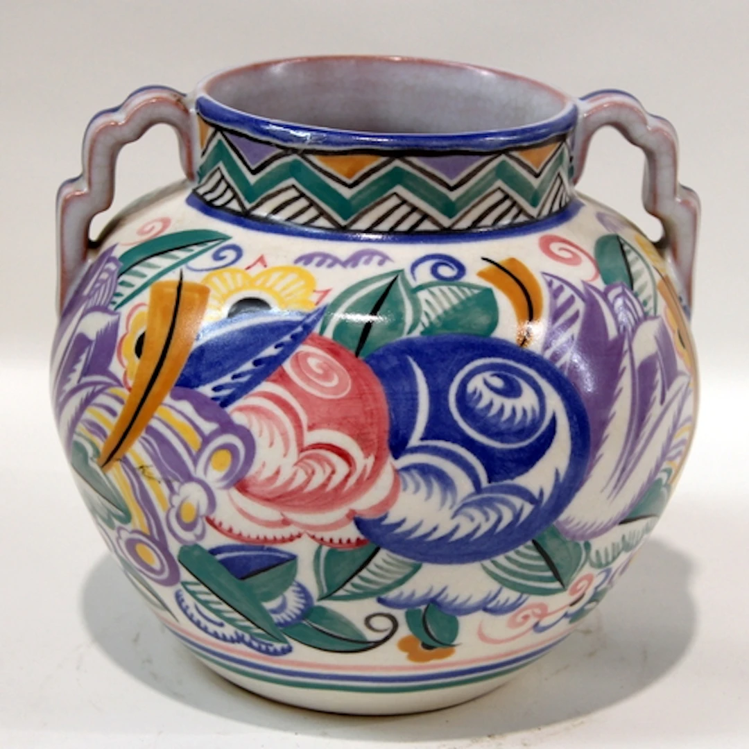 Poole Pottery shape 973 EB pattern Twin step handled vase de...