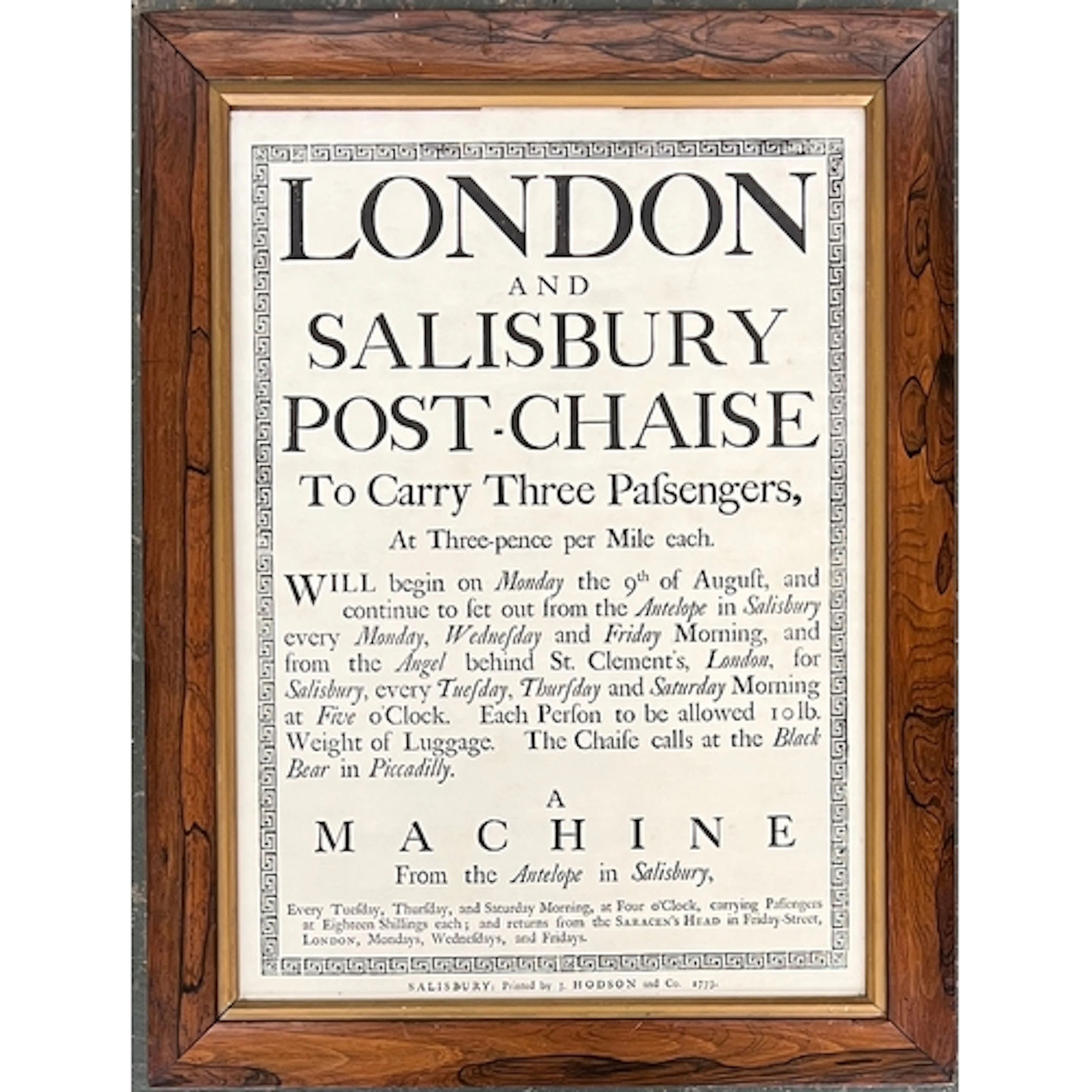 A reproduction 1775 print: 'London and Salisbury Post-Chaise...