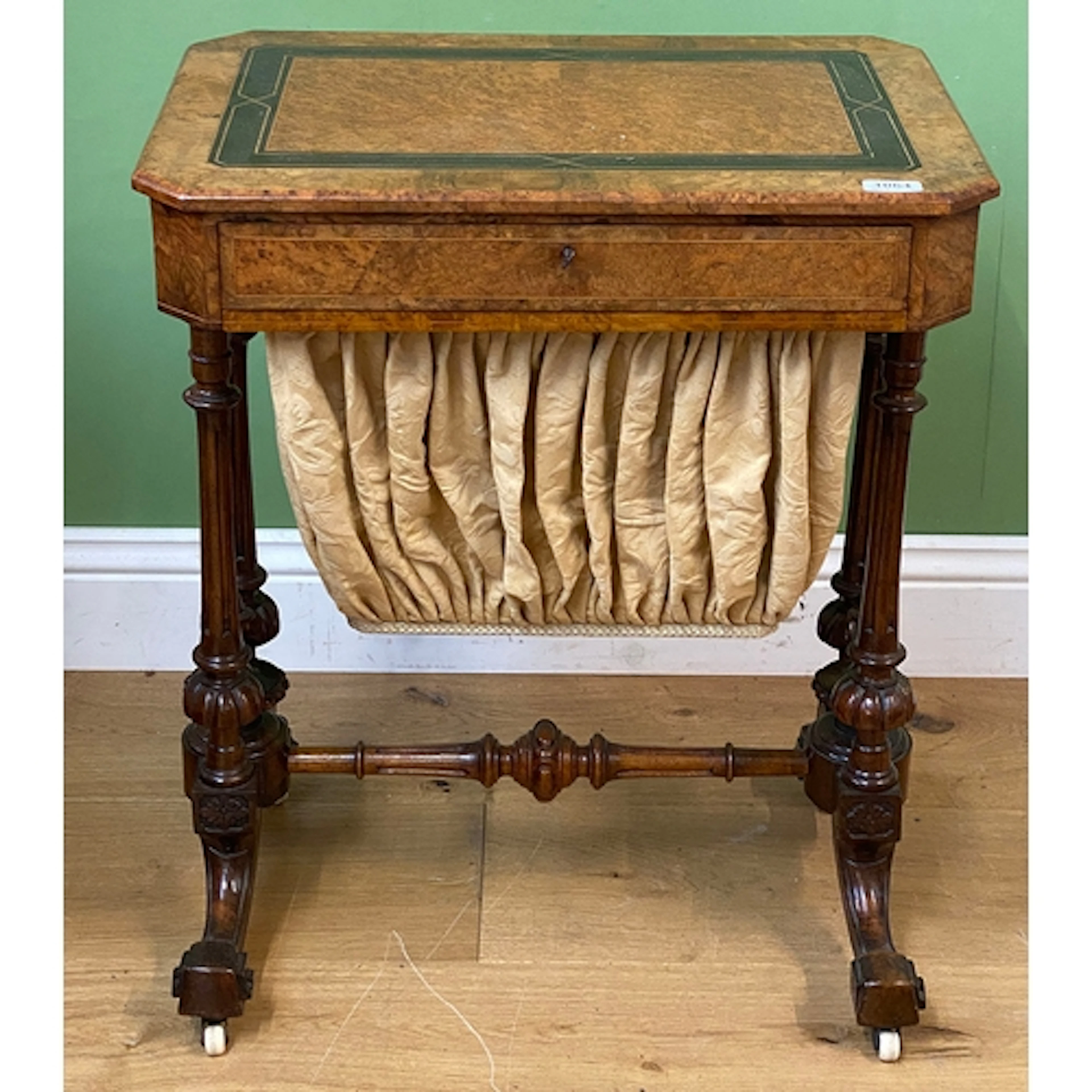 A burr walnut and amboyna sewing table with single drawer an...