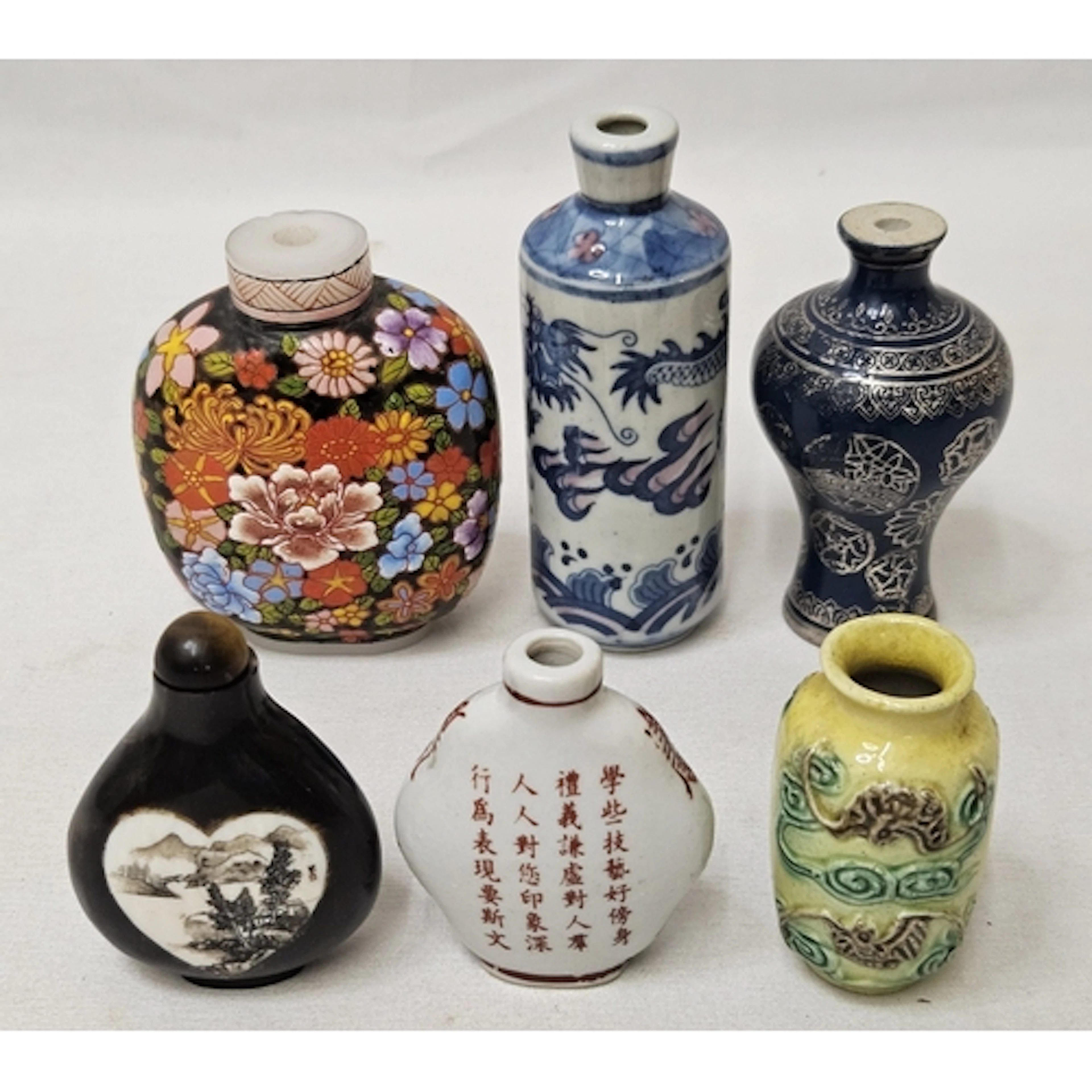6 Chinese Snuff Bottles incl. blue & white decorated with dr...
