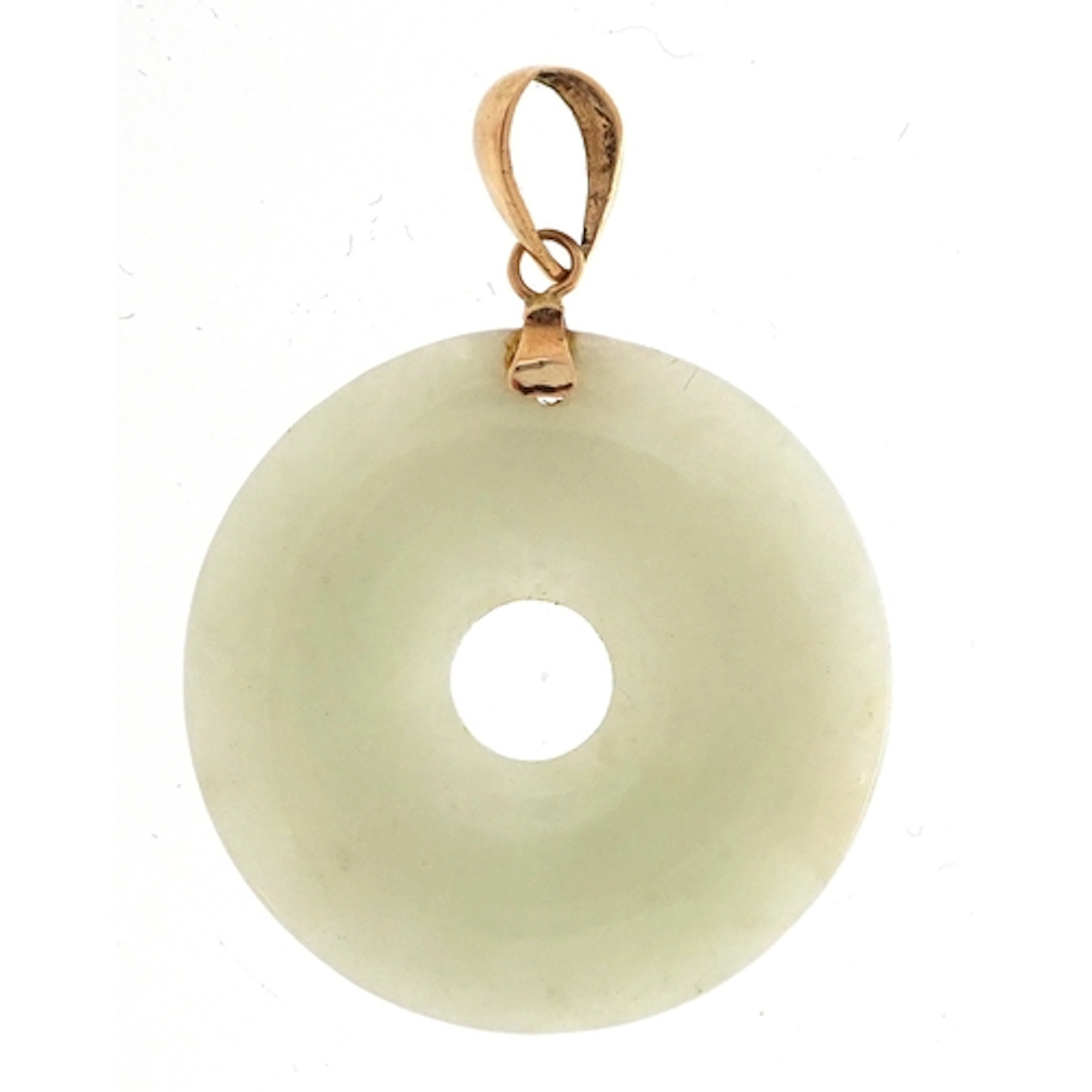 Chinese green stone disc pendant with yellow metal bail, 2.2...