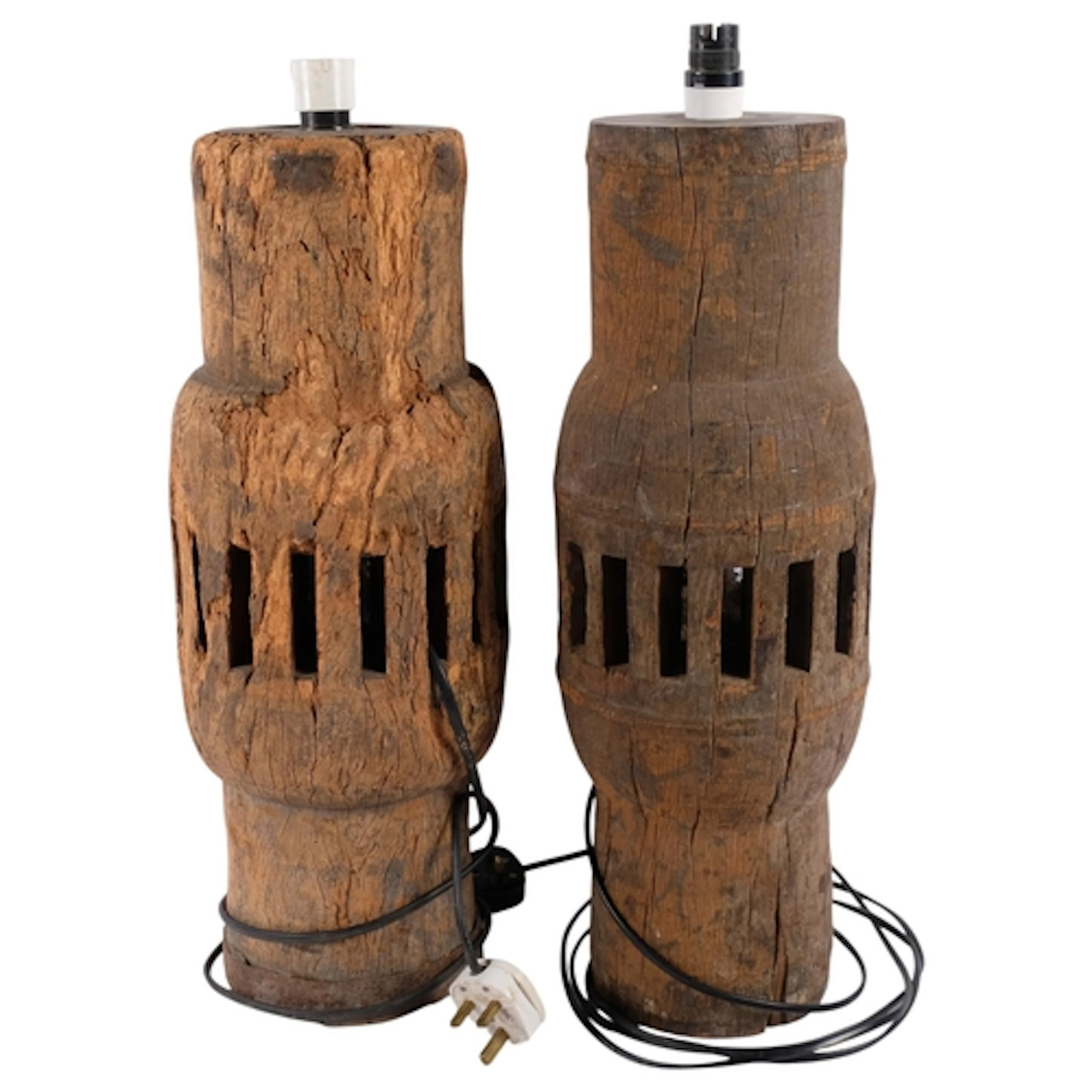 A pair of wooden table lamps made from Vintage cartwheel hub...