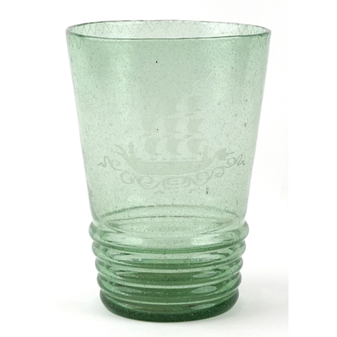 Large mid century hand blown green glass vase, acid etched w...