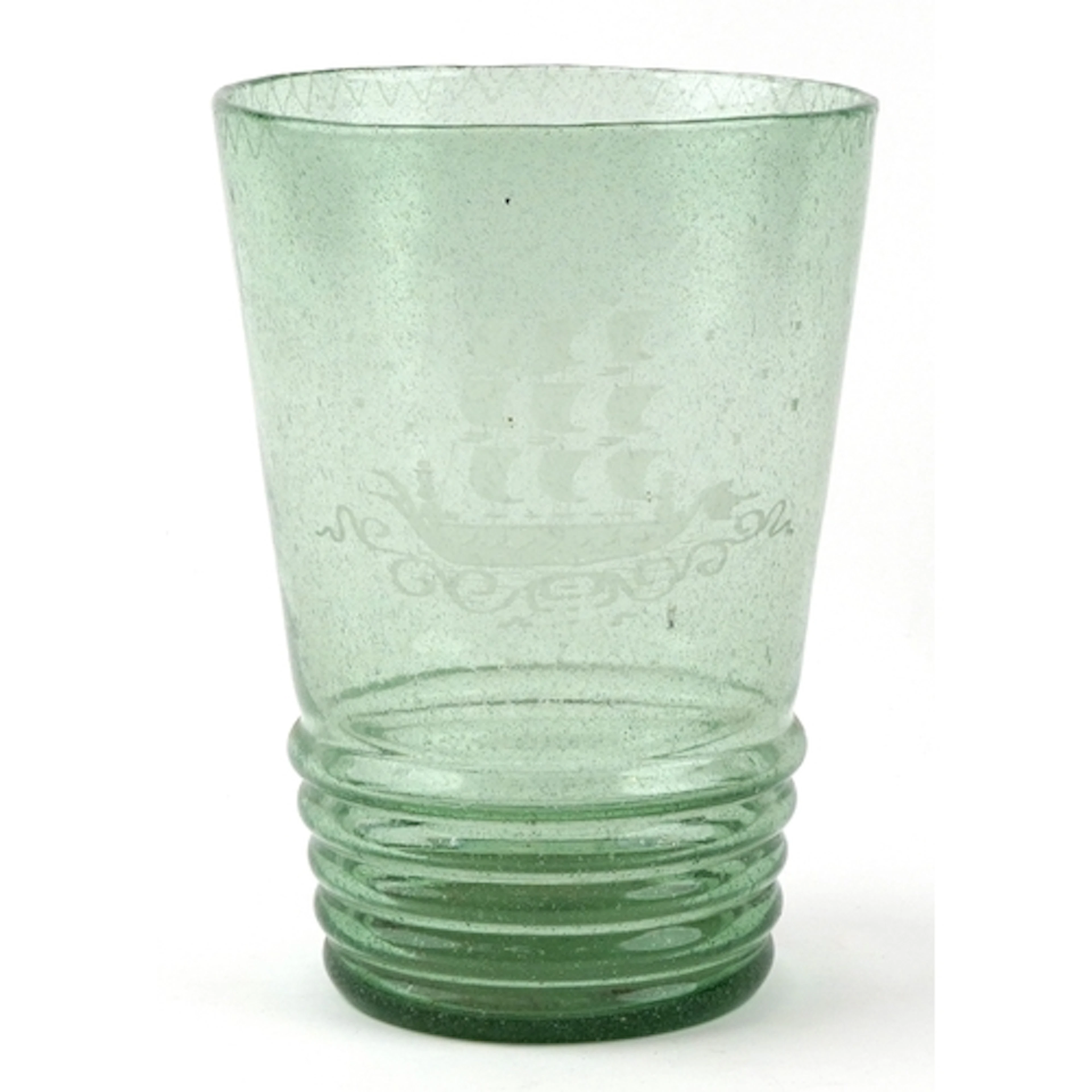 Large mid century hand blown green glass vase, acid etched w...