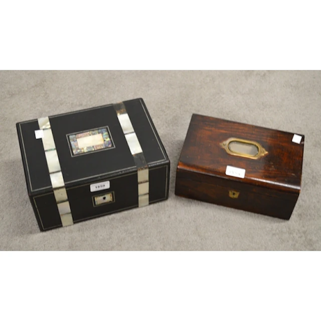 19th Century ebonised mother of pearl inlaid workbox, togeth...