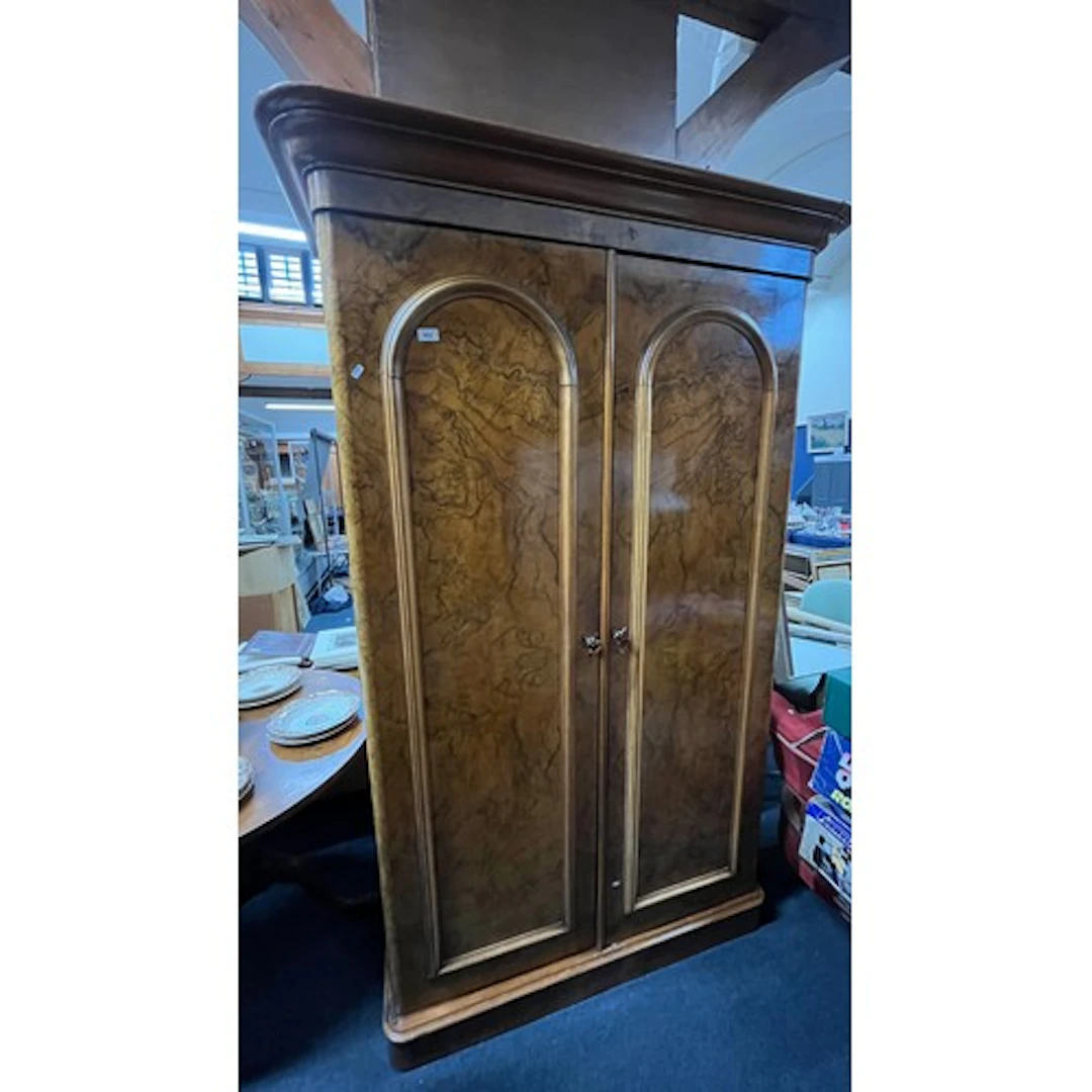 Antique burr walnut two door wardrobe and amber coloured gla...