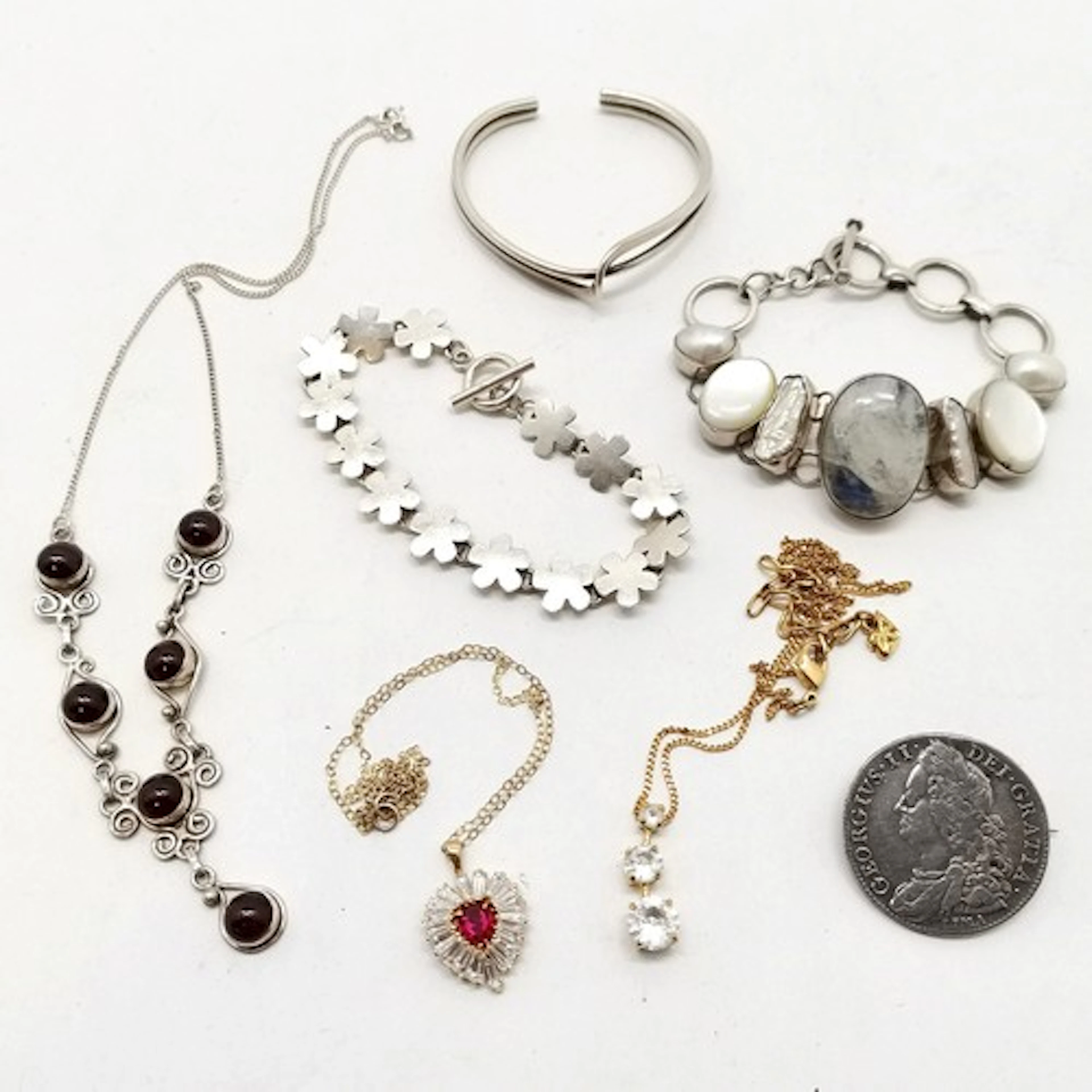 Qty of silver jewellery inc 1746 George II coin brooch, neck...