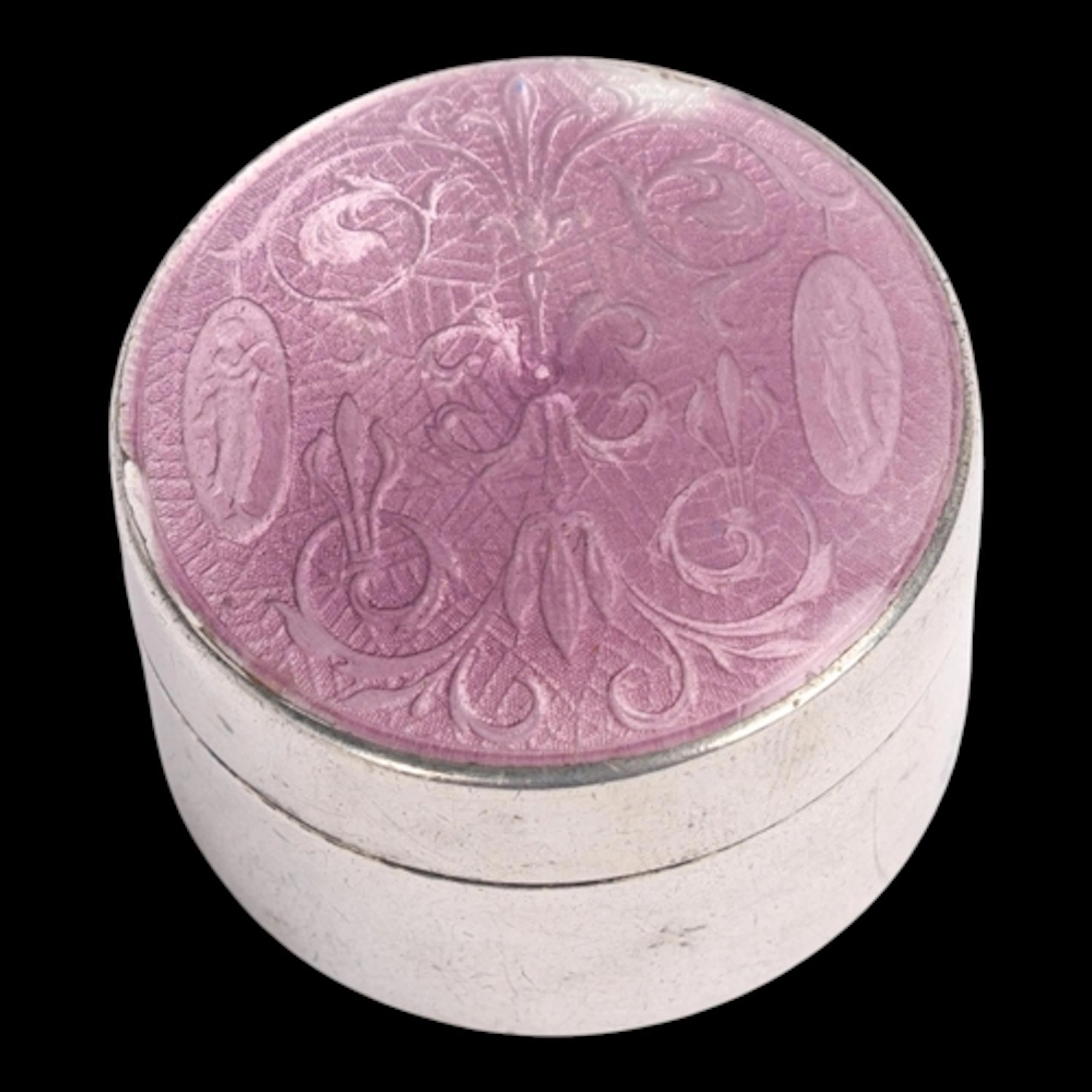 An American sterling silver purple enamel pillbox, The Thoma...