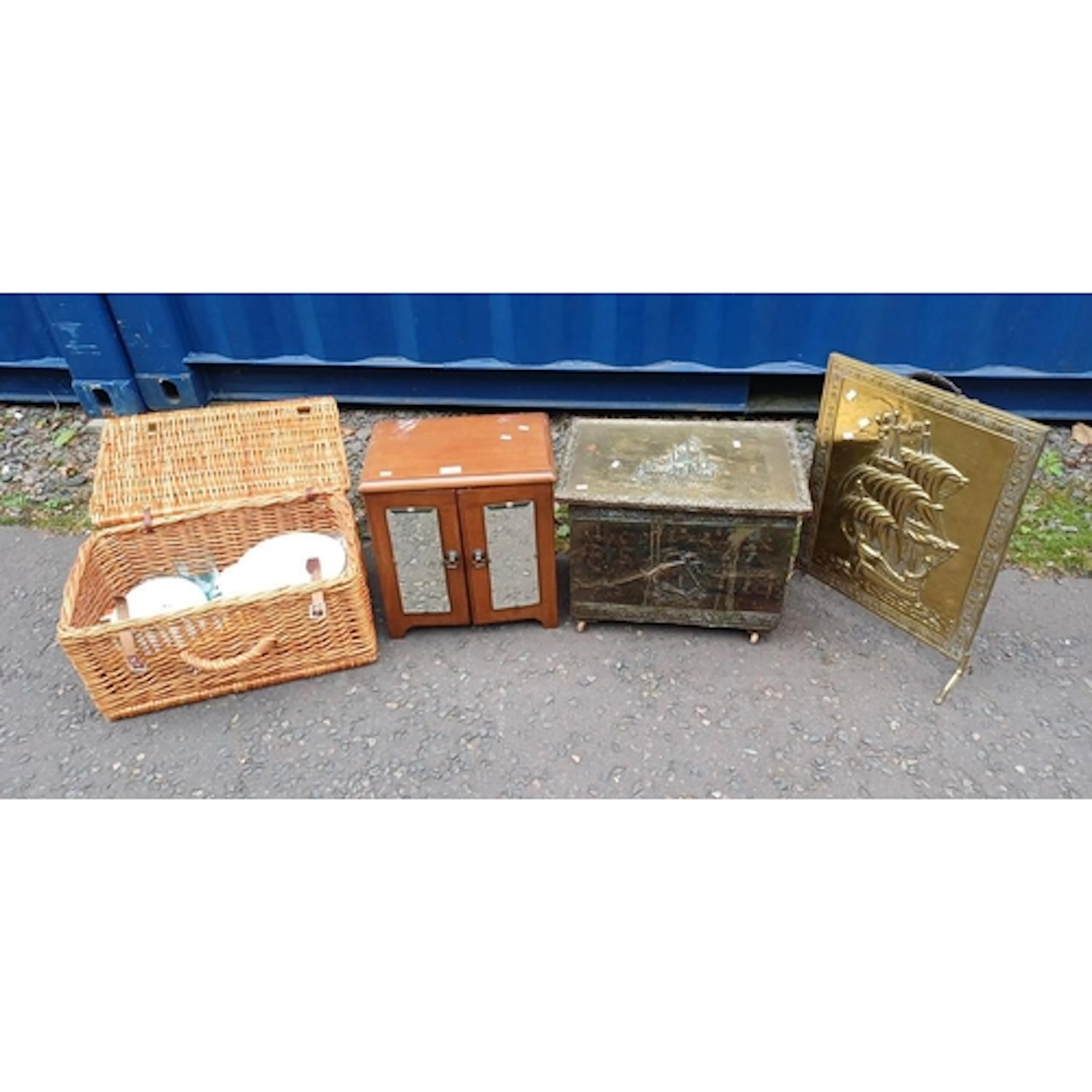 SMALL MAHOGANY CABINET WITH 2 MIRROR PANEL DOORS, EMBOSSED B...