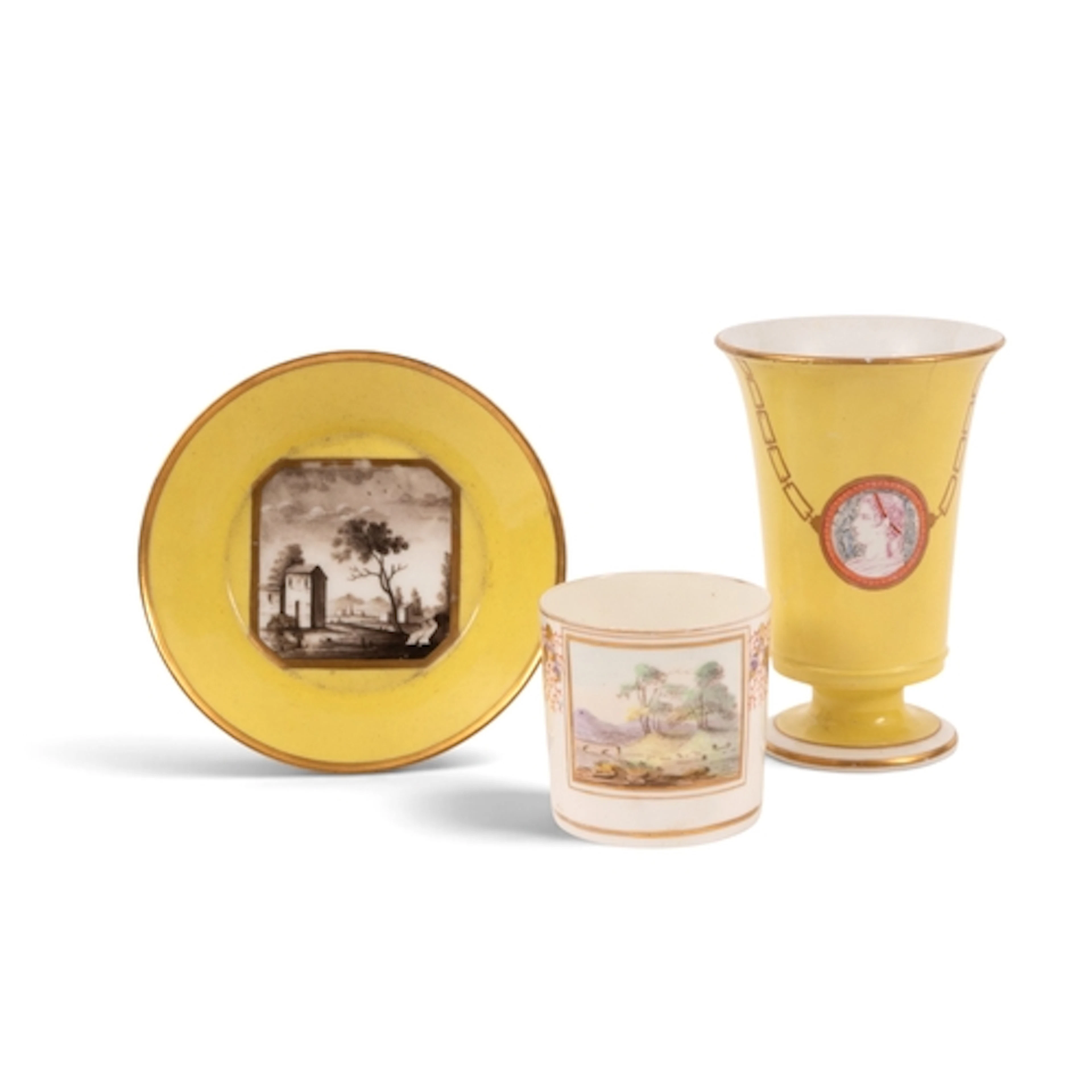 A Pinxton coffee can, c.1800, painted with a rectangular lan...