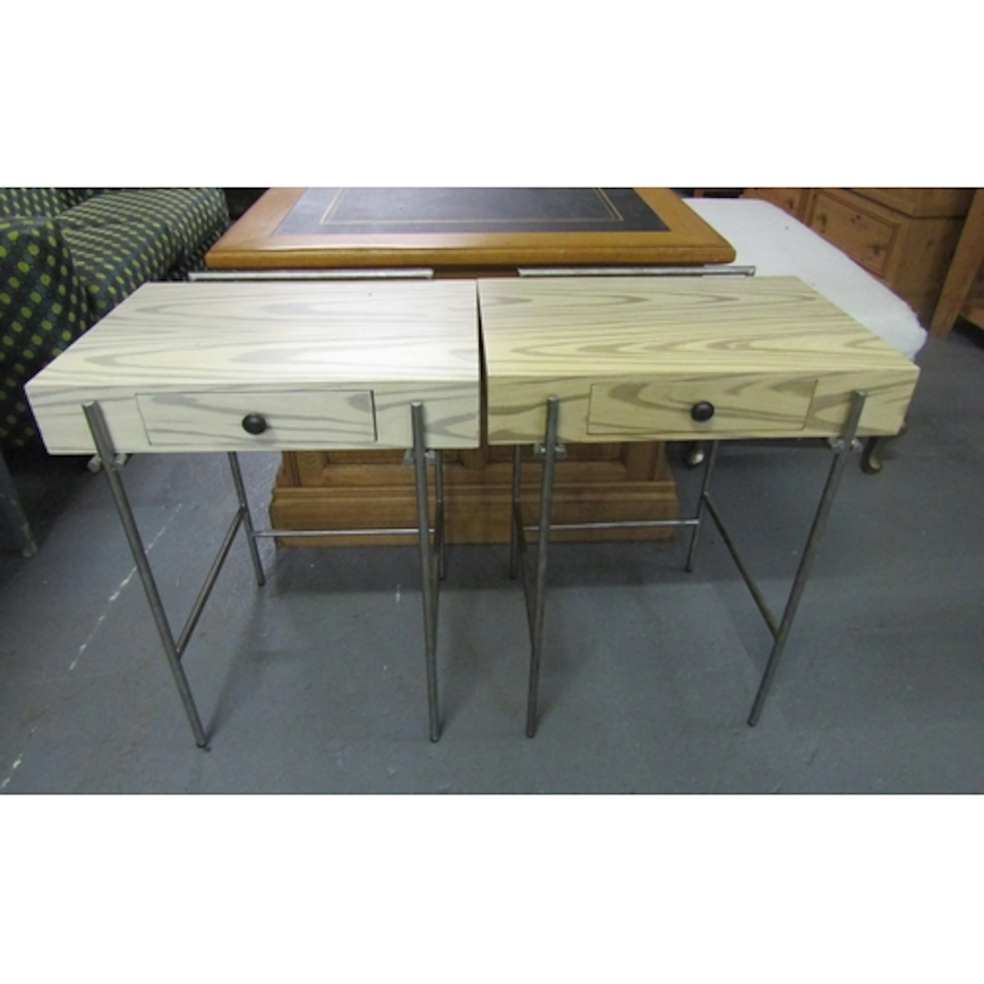 Pair of Modern Designer Polished Metal Lined Top Side Tables...