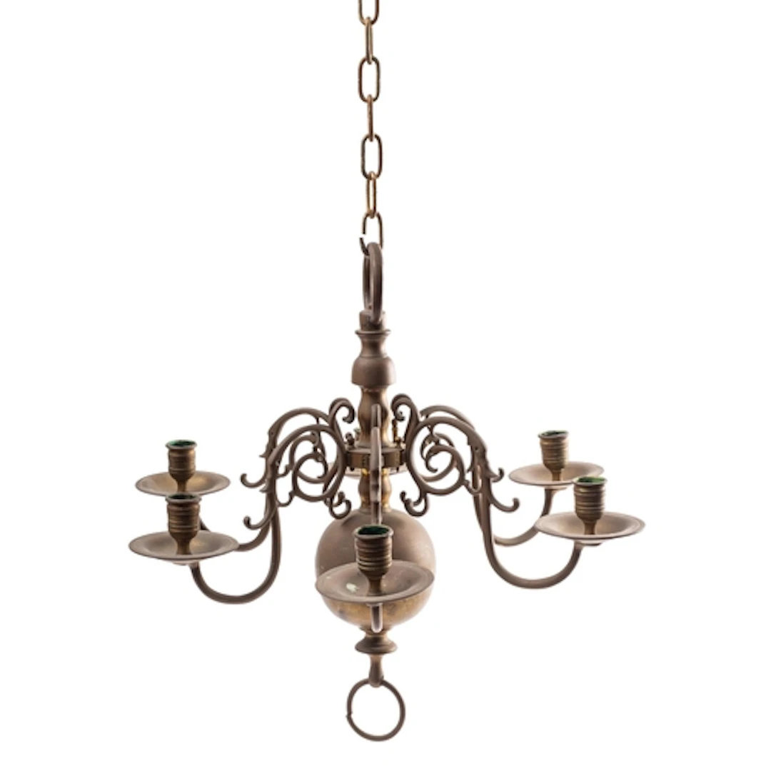 Two very similar brass six-light chandeliers in early 18th c...