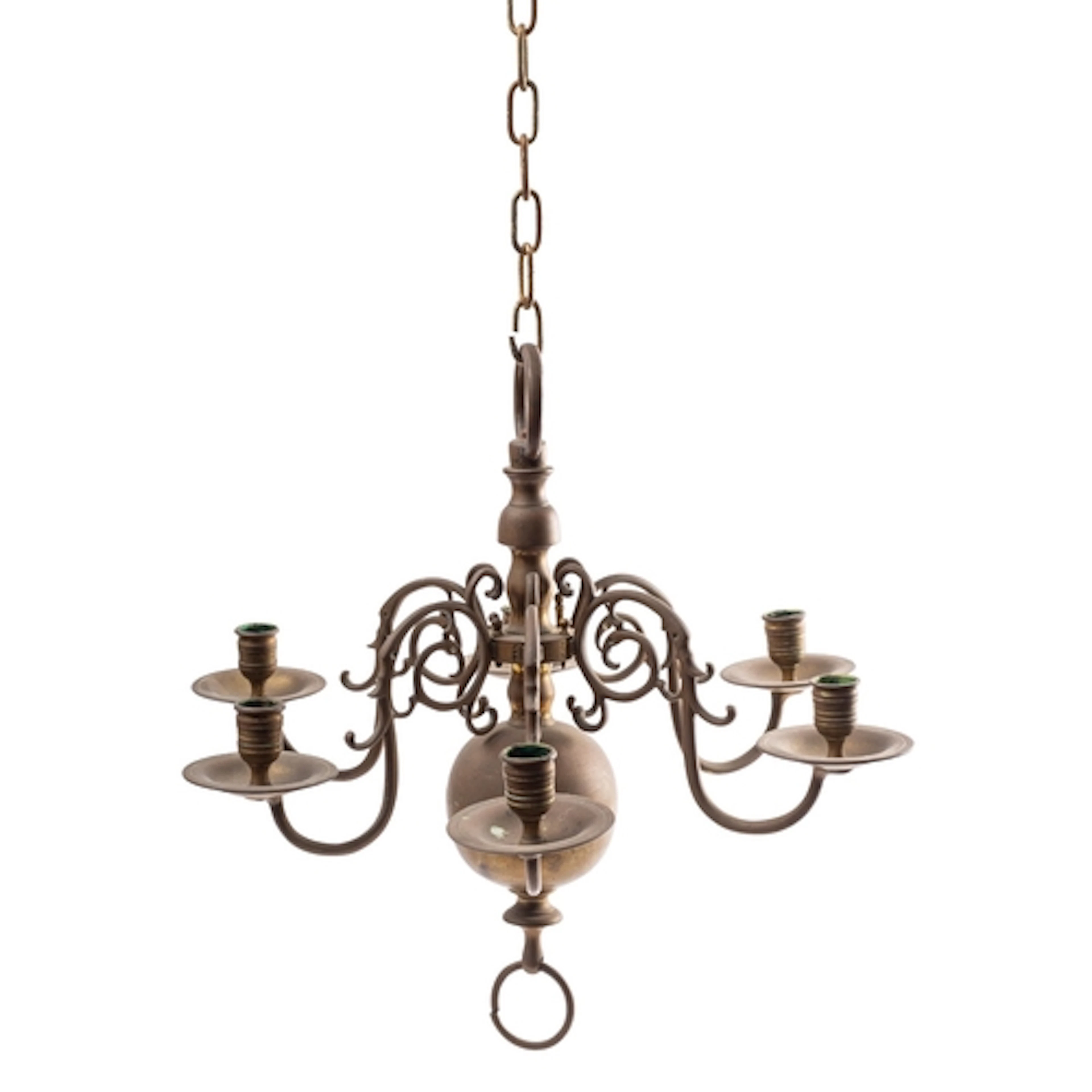 Two very similar brass six-light chandeliers in early 18th c...