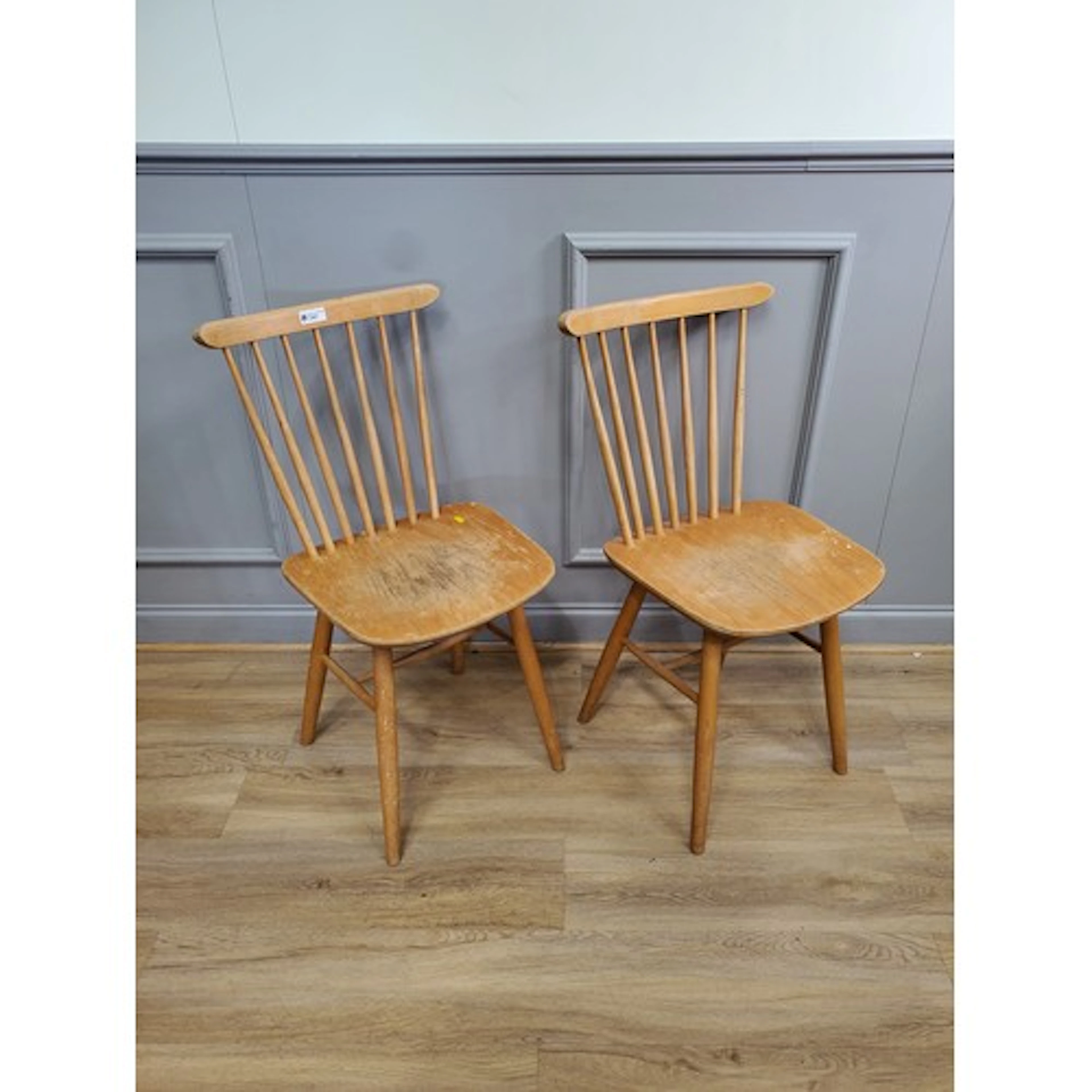 A pair of Ercol style Kitchen Chairs (indistinct labels unde...