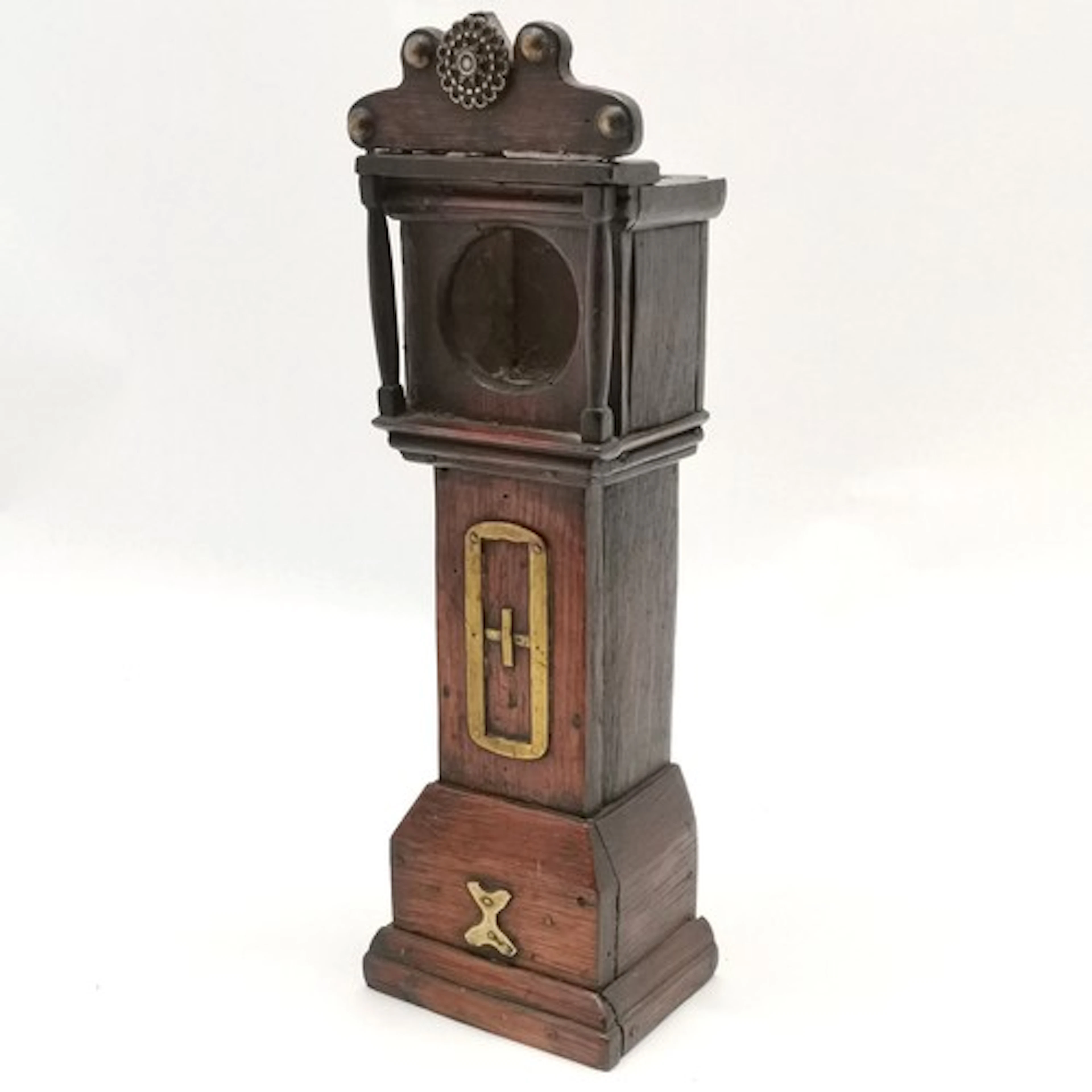Antique folk art oak cased watch holder in the form of a lon...