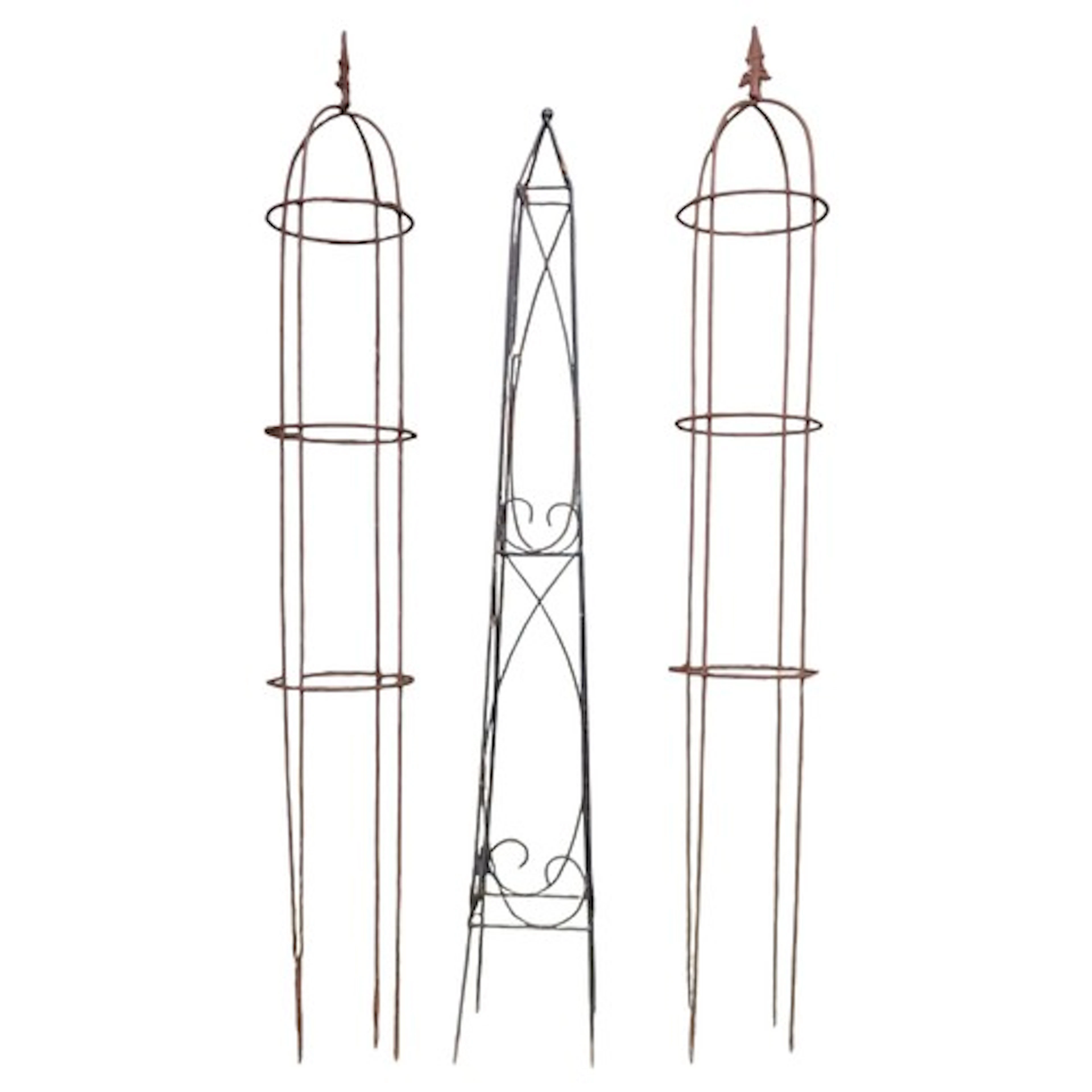 A pair of weathered light steel garden obelisks of simple do...