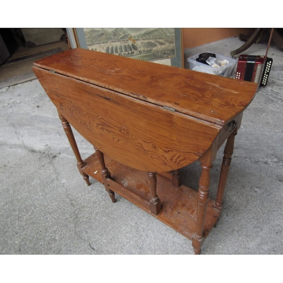 Antique Pitch Pine Drop Leaf Table Single Drawer Above Turne...