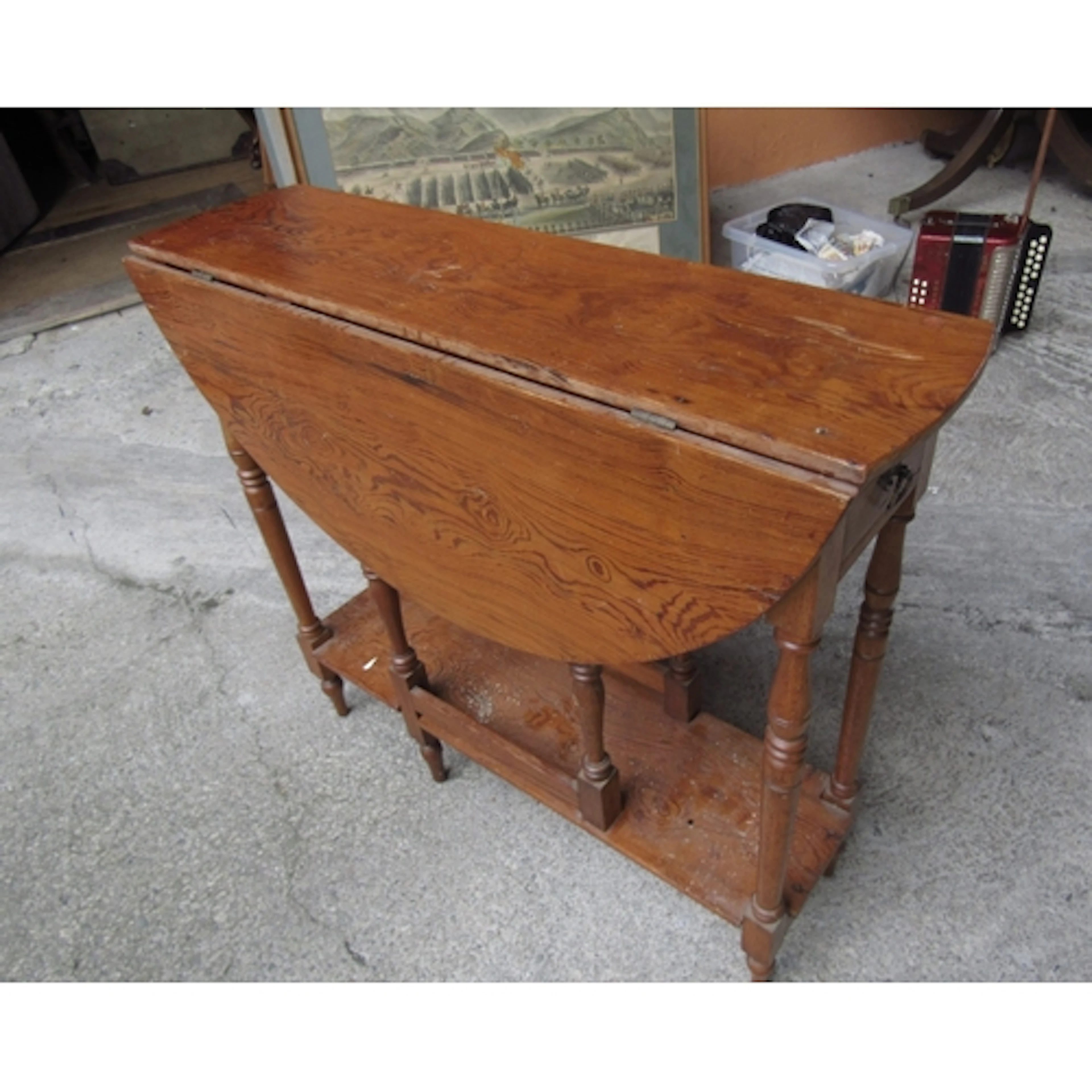 Antique Pitch Pine Drop Leaf Table Single Drawer Above Turne...