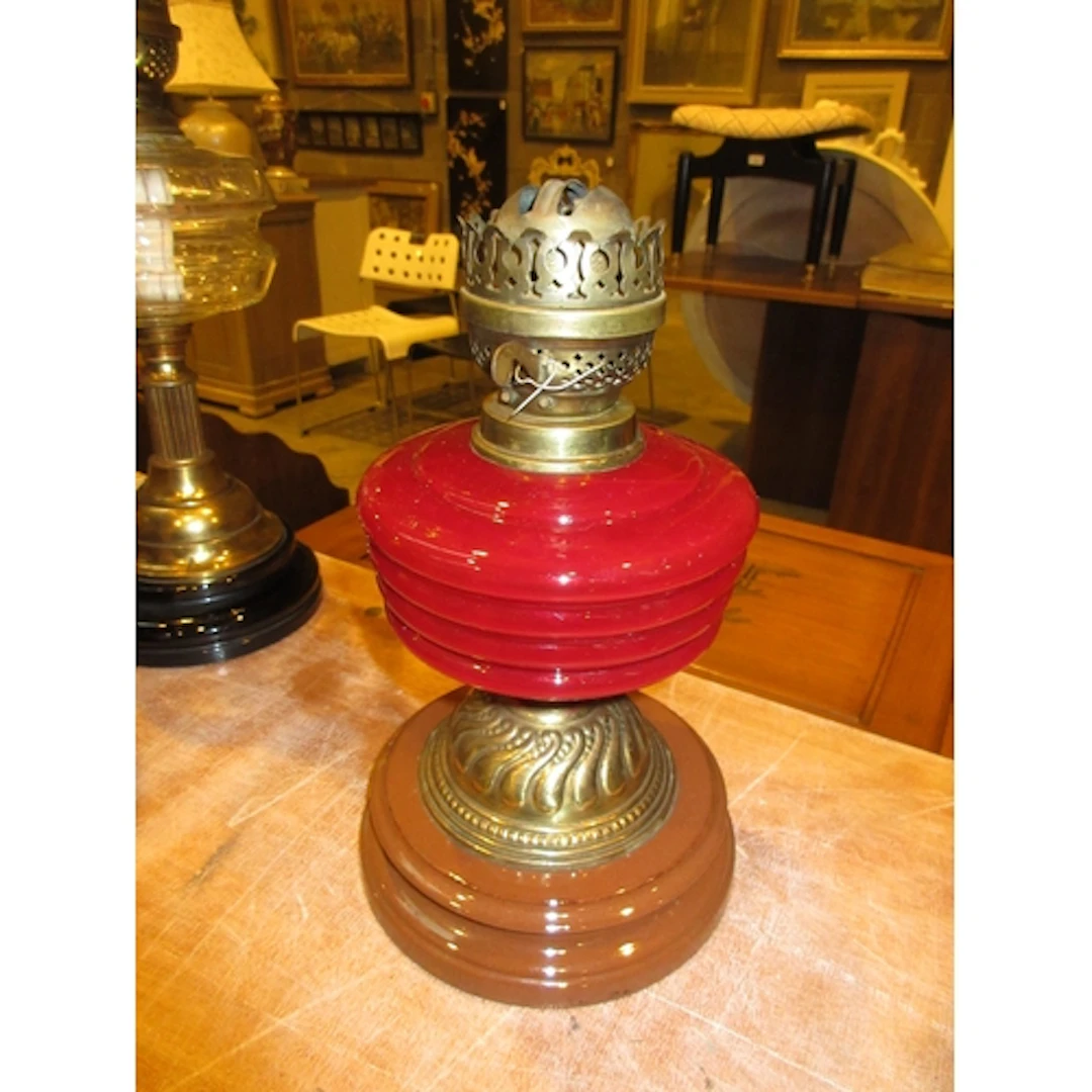 Oil Lamp with Red Glass Reservoir