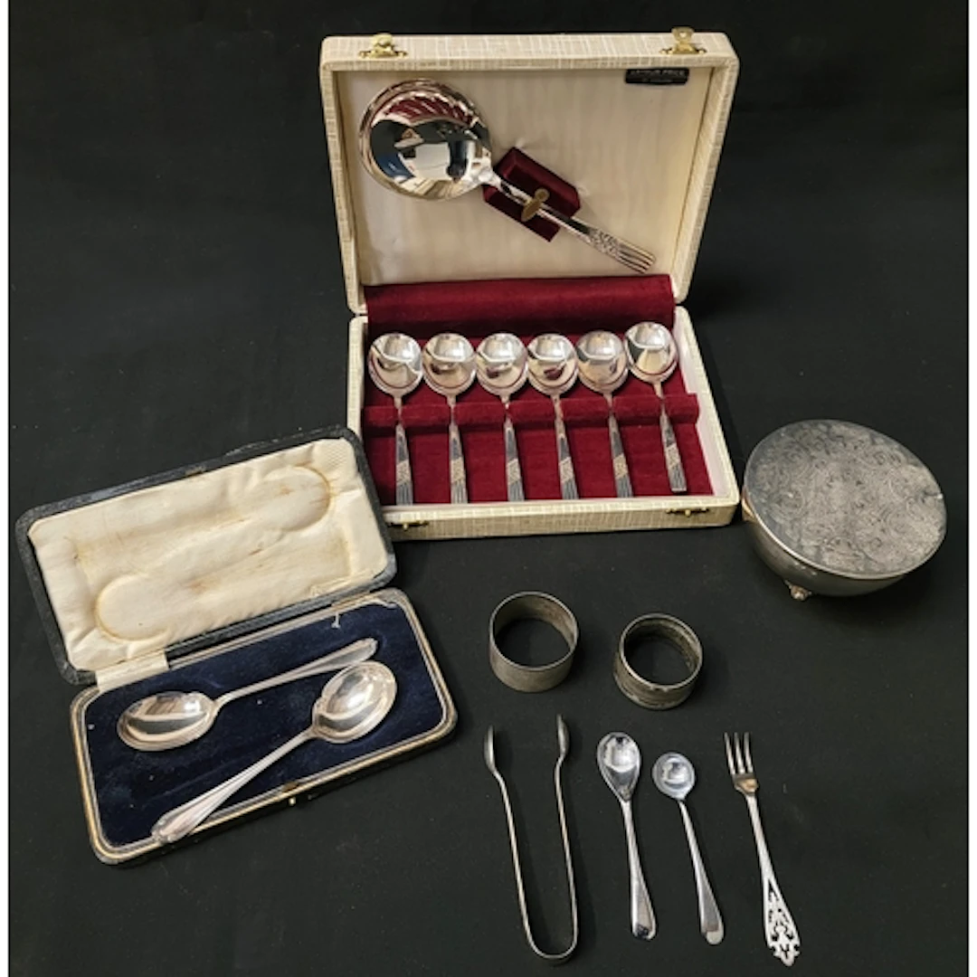 SELECTION OF SILVER AND PLATED ITEMS including silver napkin...