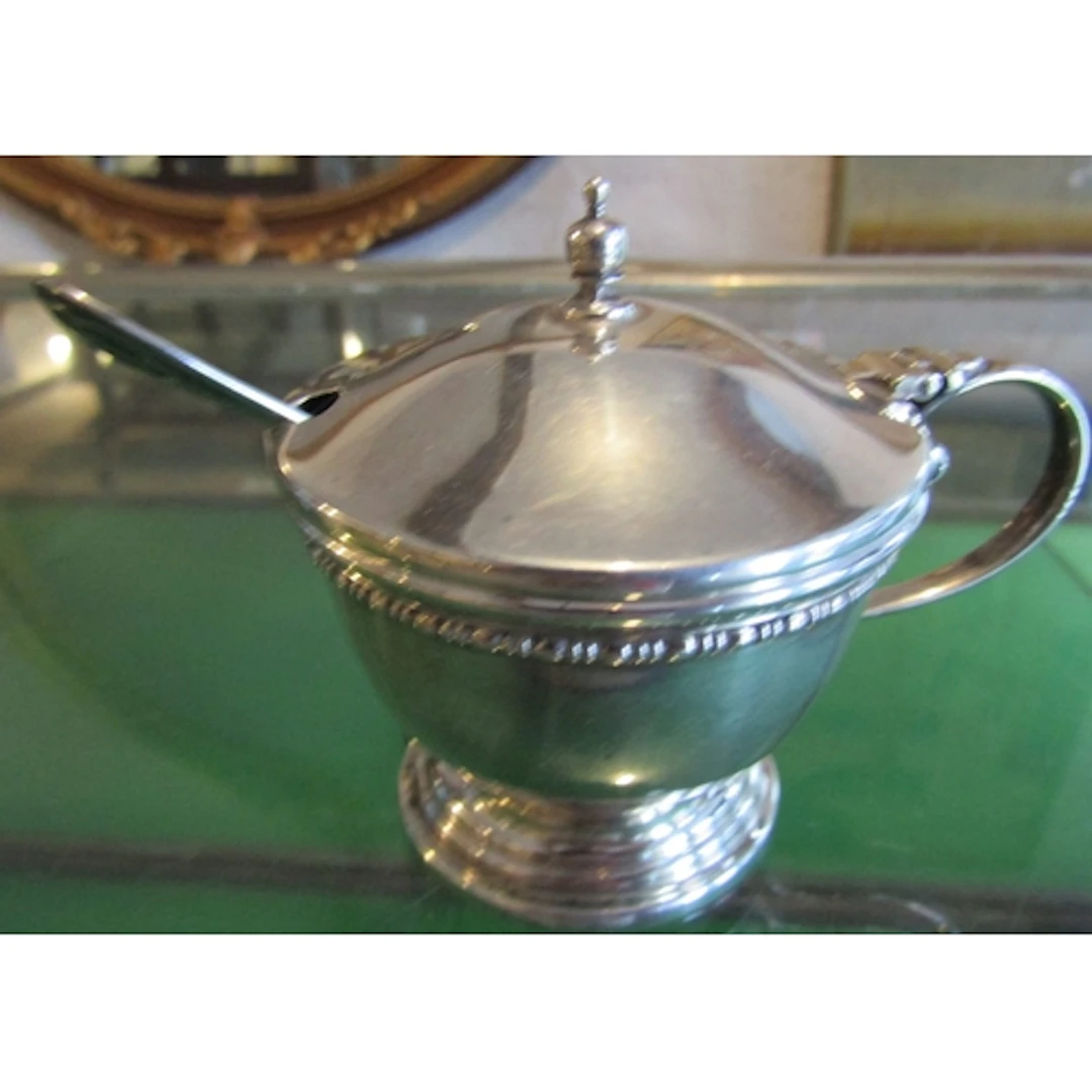 Silver Mustard Pot with Hinged Cover Above Pedestal Base wit...