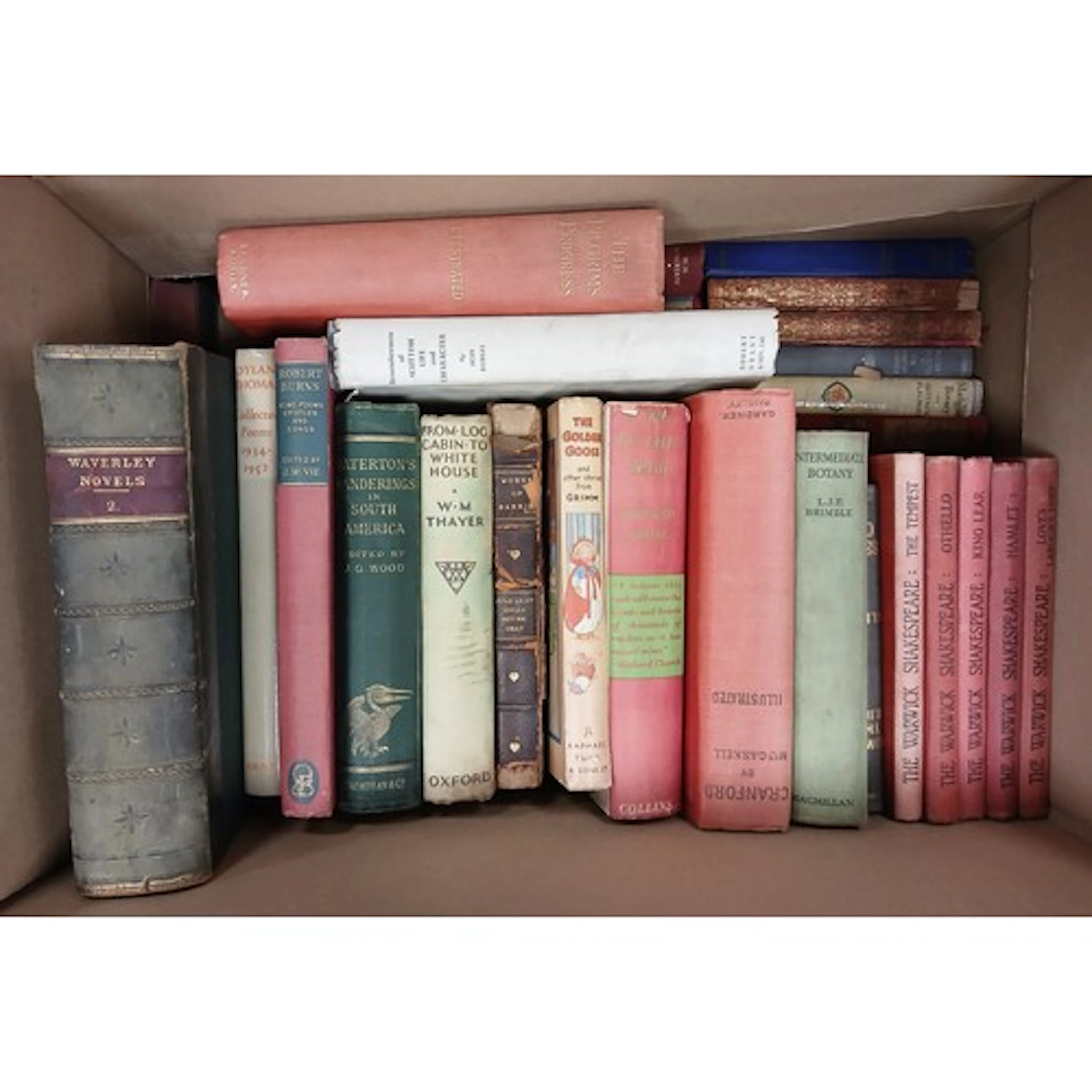 Collection of leather bound books to include Robert Burns po...