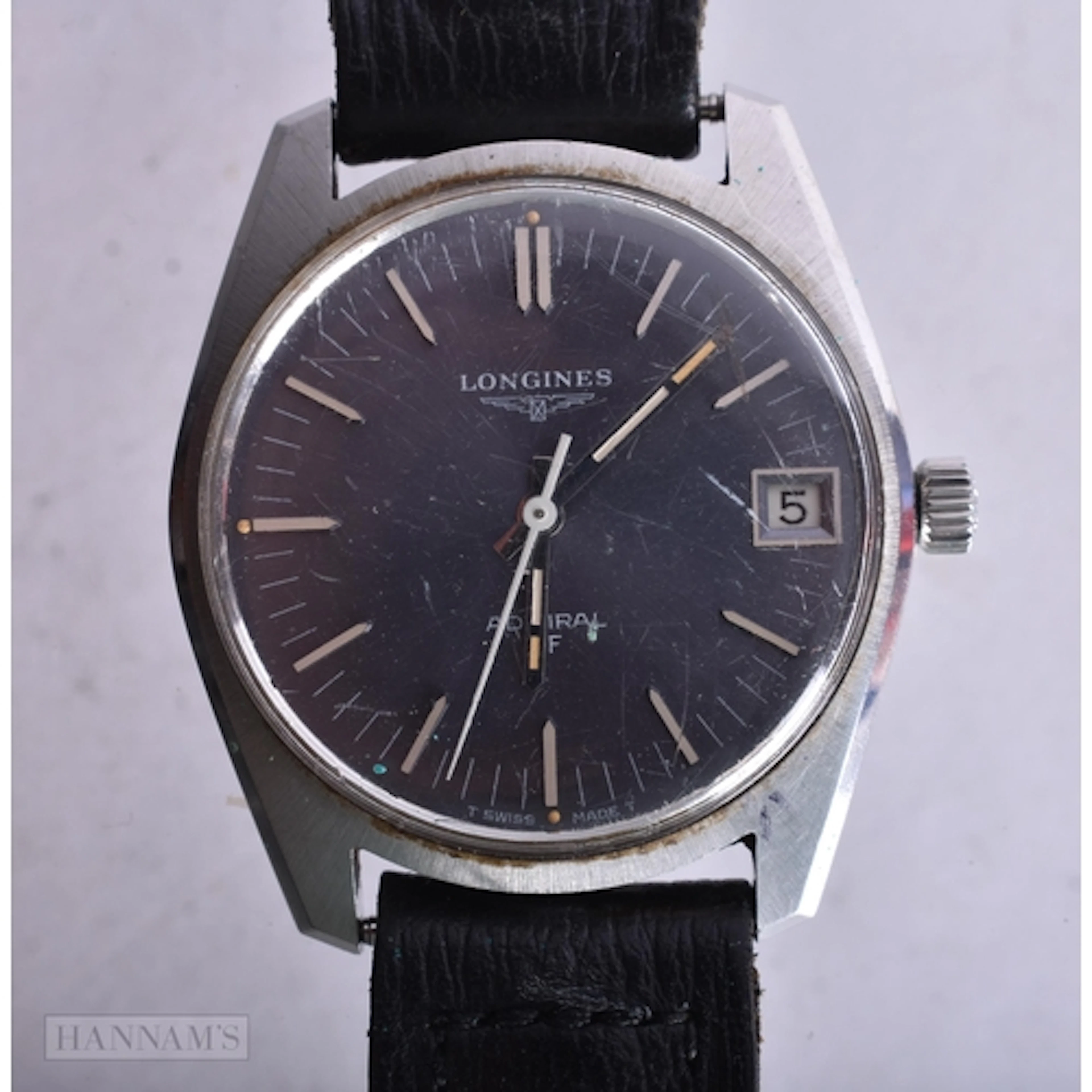 A LONGINES ADMIRAL WRIST WATCH. Running. 3 cm wide.