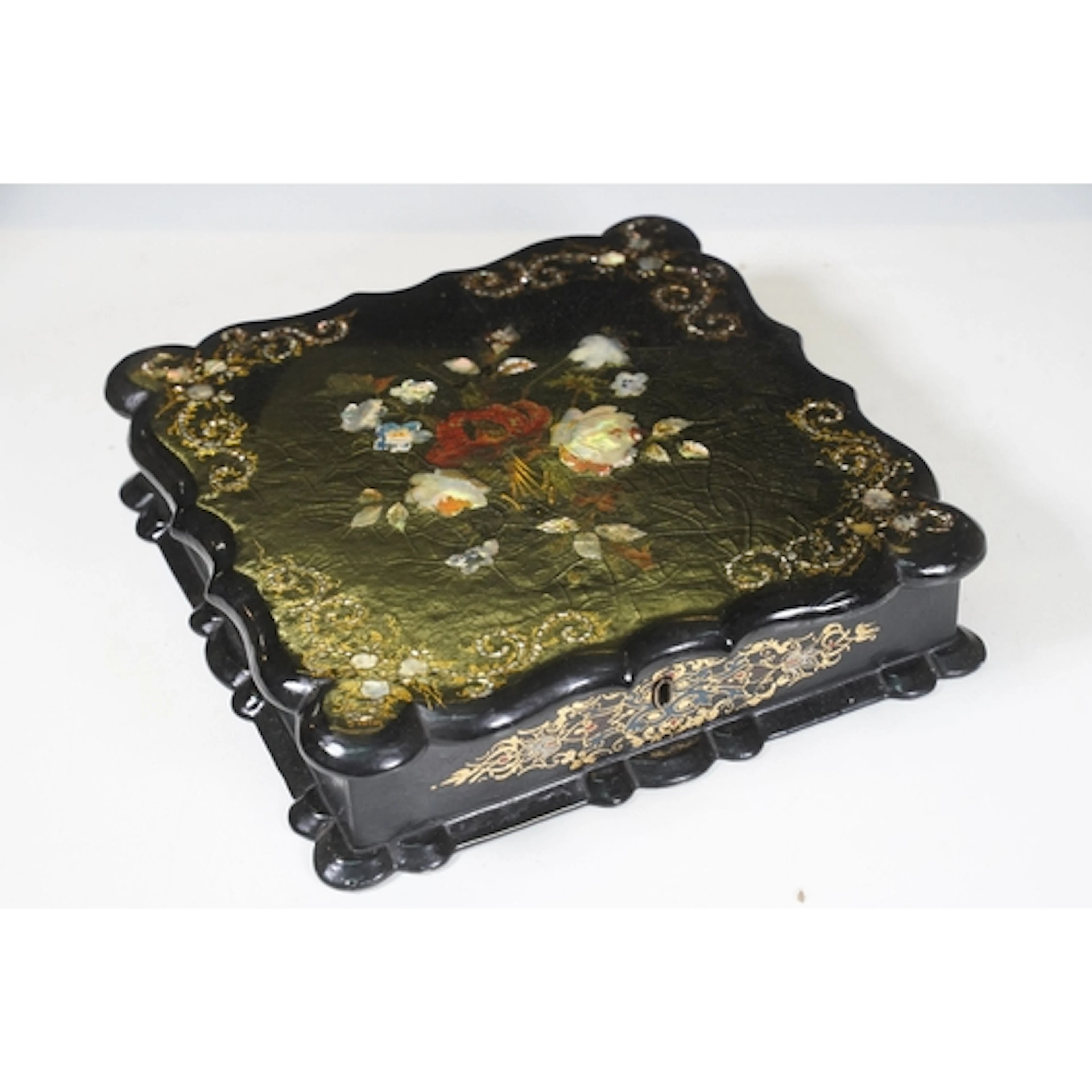 Victorian papier-mache sewing box with floral decoration, ha...