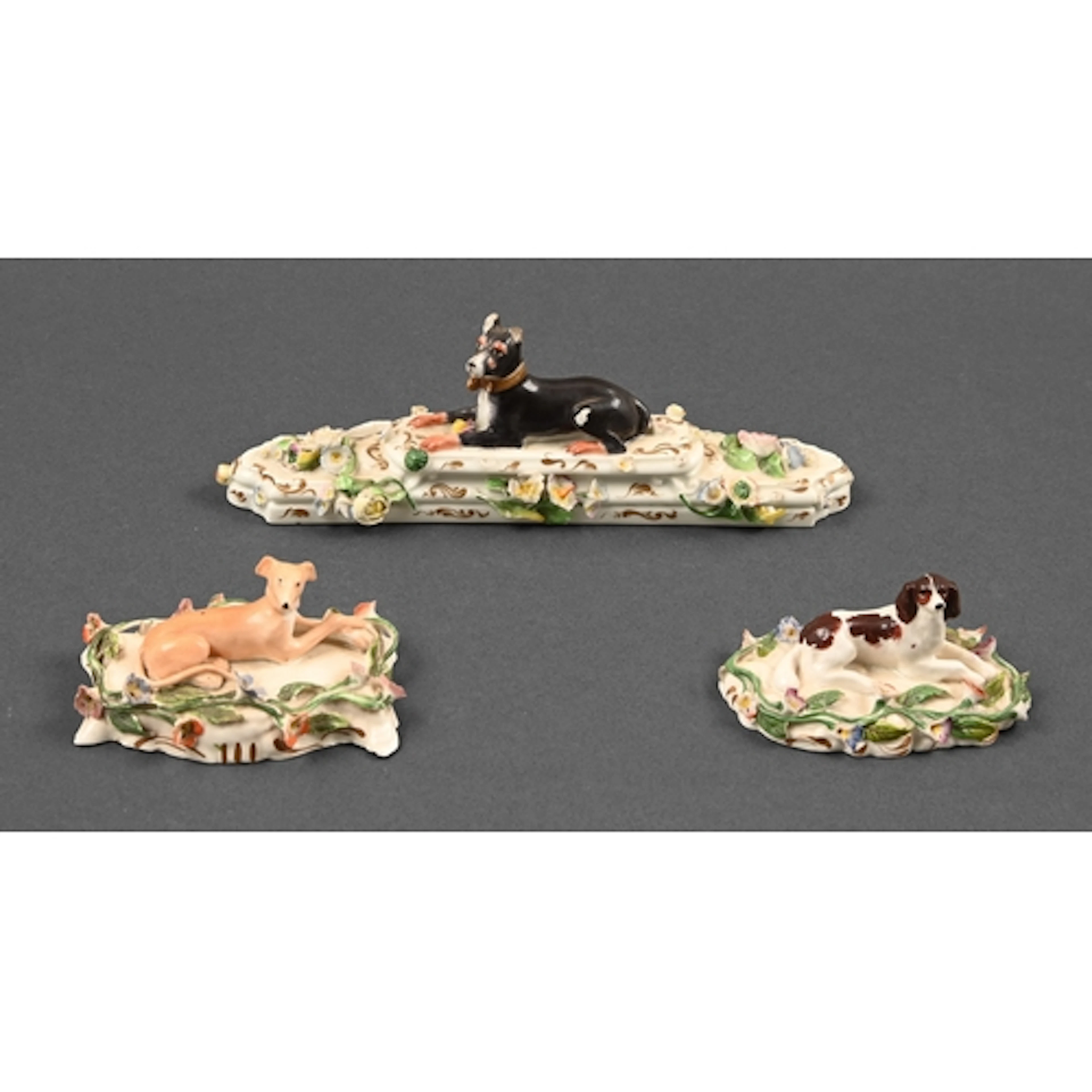 Three English porcelain models of dogs, probably Minton, c18...